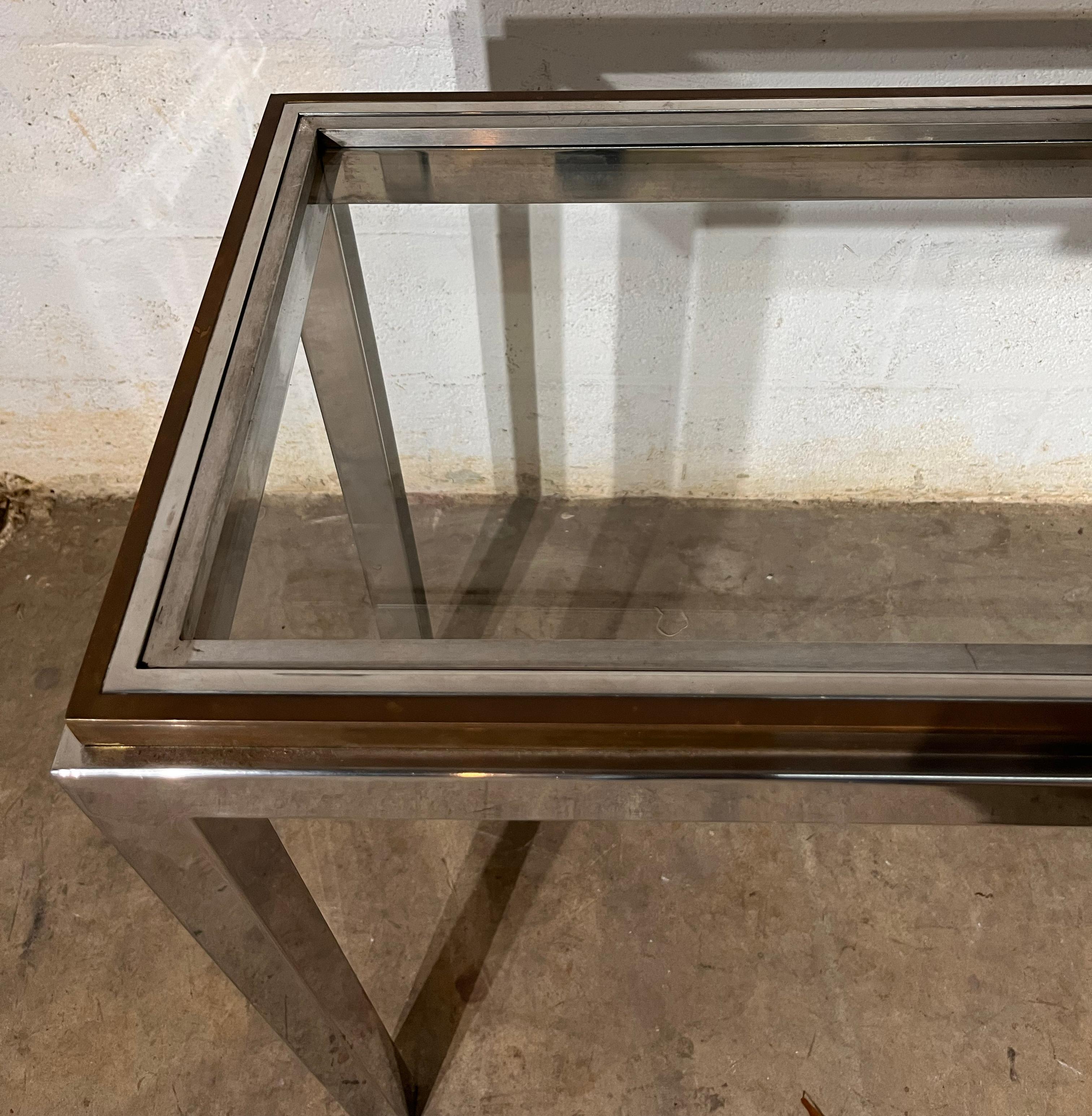 Metalwork Console Table  W . Rizzo style Chrome Brass metal Glass  Top For Sale