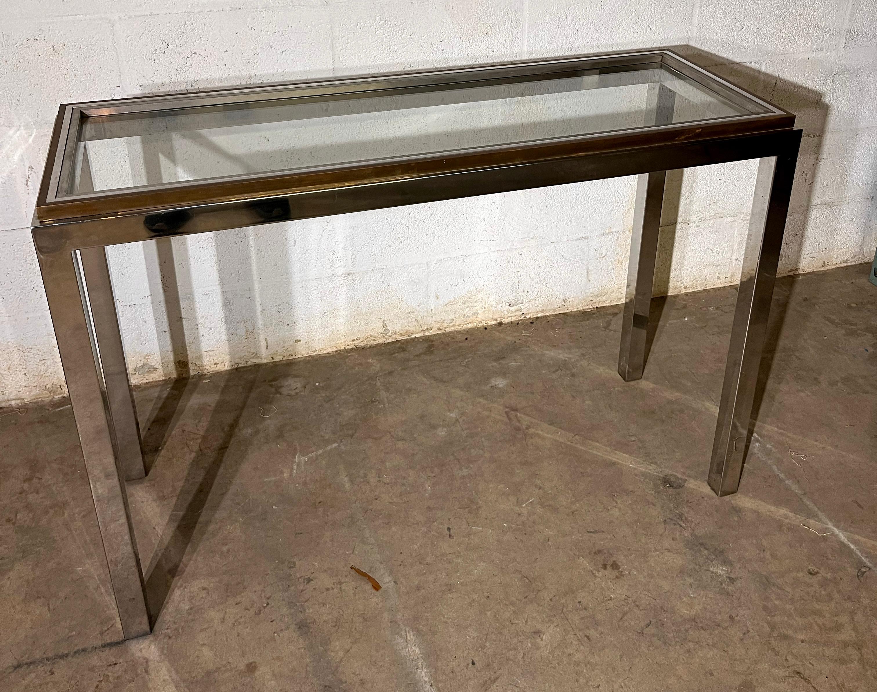 20th Century Console Table  W . Rizzo style Chrome Brass metal Glass  Top For Sale