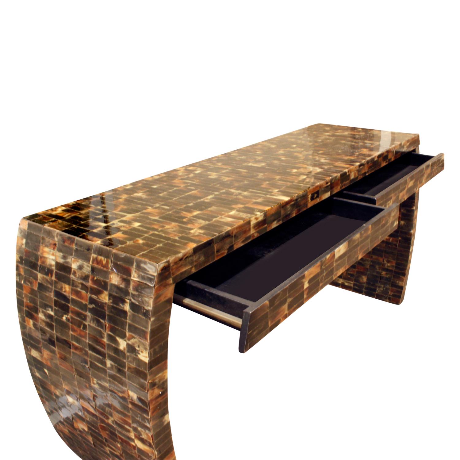 Hand-Crafted Console Table with 2 Drawers and Curved Sides in Tessellated Horn, 1970s