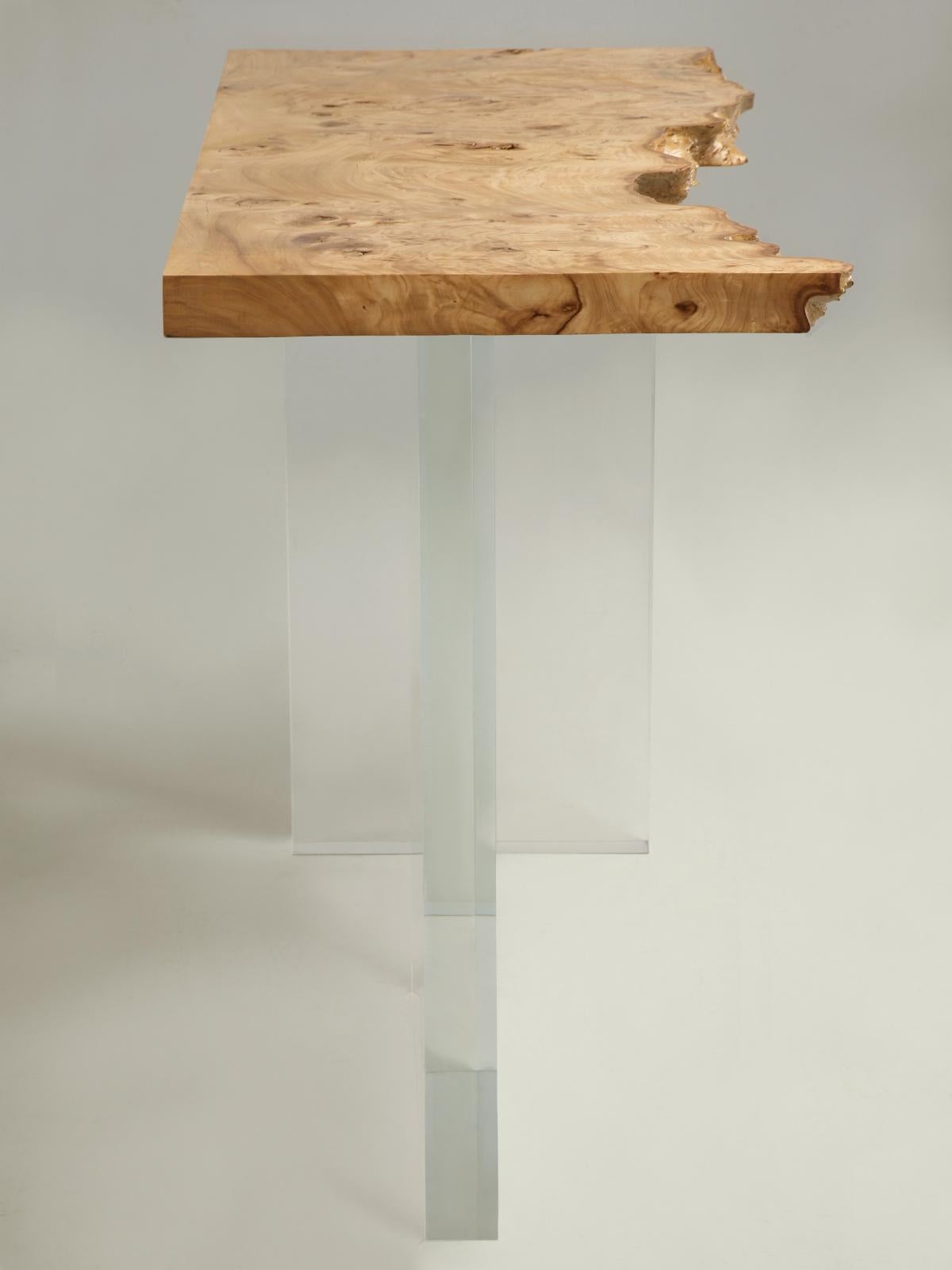Console Table with Burled Elm Top and Acrylic Transparent Base in Optional Sizes For Sale 1