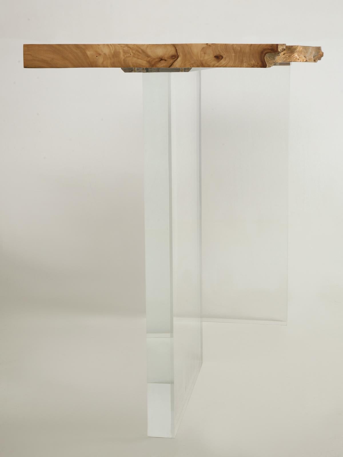 Console Table with Burled Elm Top and Acrylic Transparent Base in Optional Sizes For Sale 2