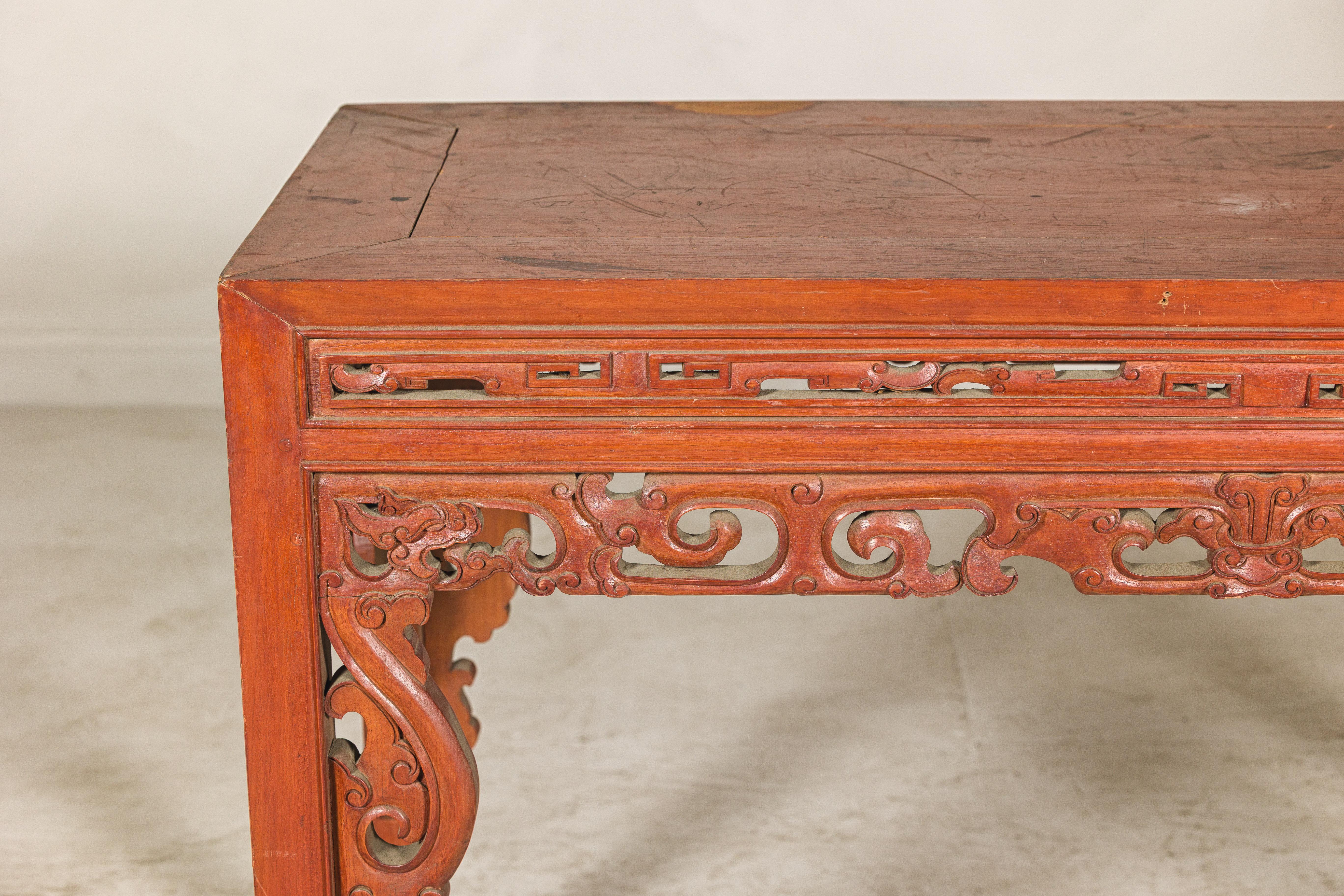 Console Table with Carved Waist in Jumu Wood, Late Qing Cinnabar Finish For Sale 5
