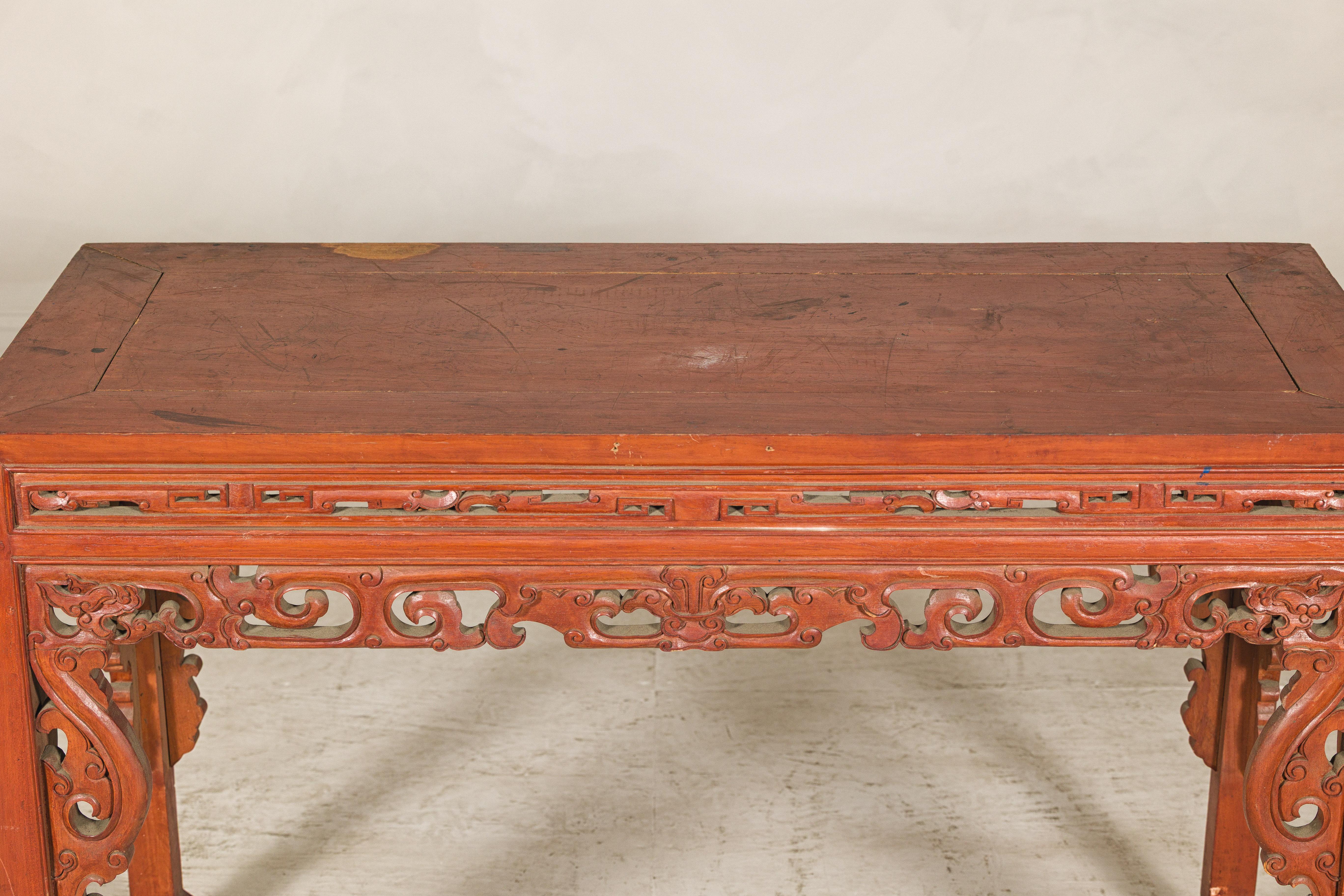 Console Table with Carved Waist in Jumu Wood, Late Qing Cinnabar Finish For Sale 6