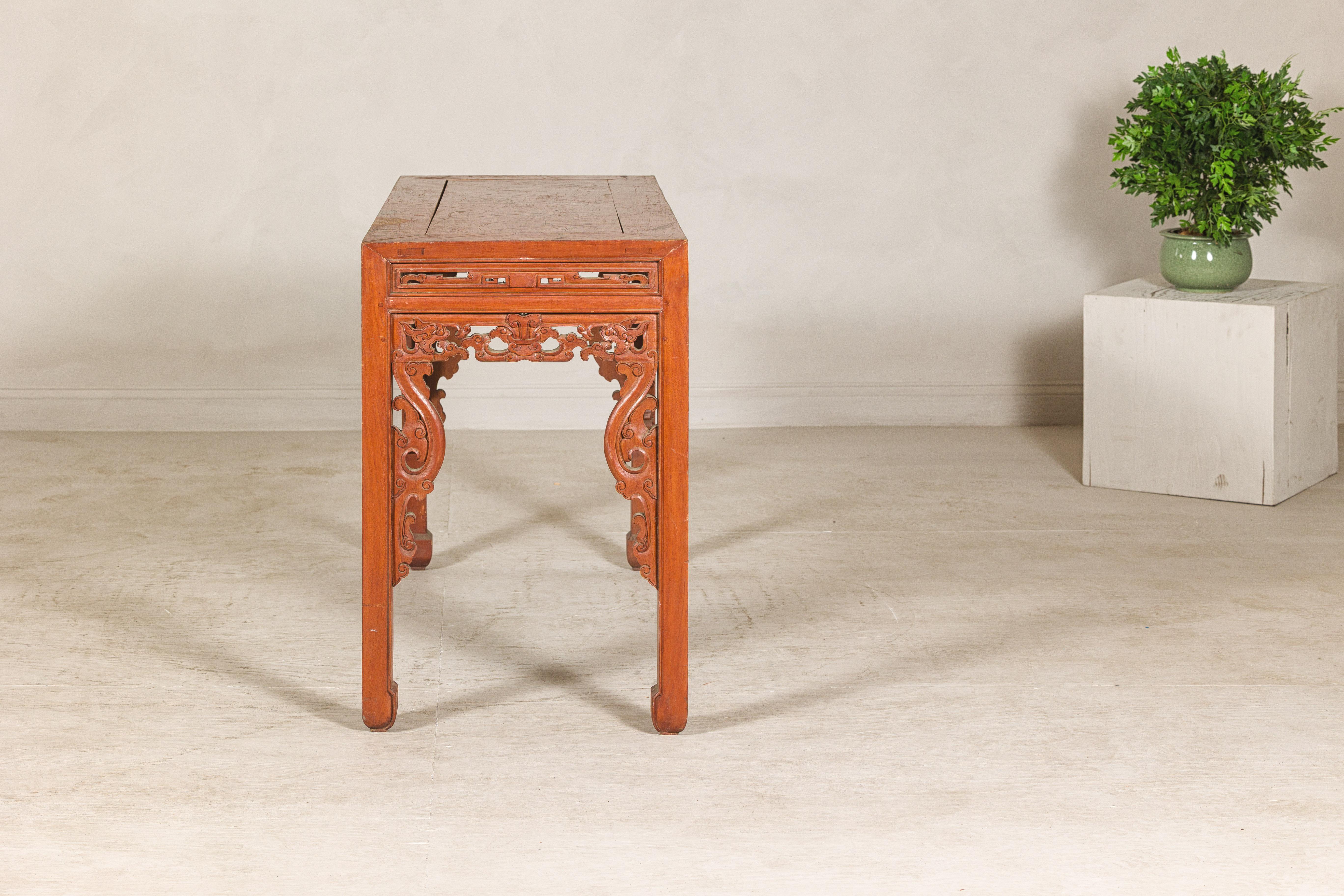 Console Table with Carved Waist in Jumu Wood, Late Qing Cinnabar Finish For Sale 8