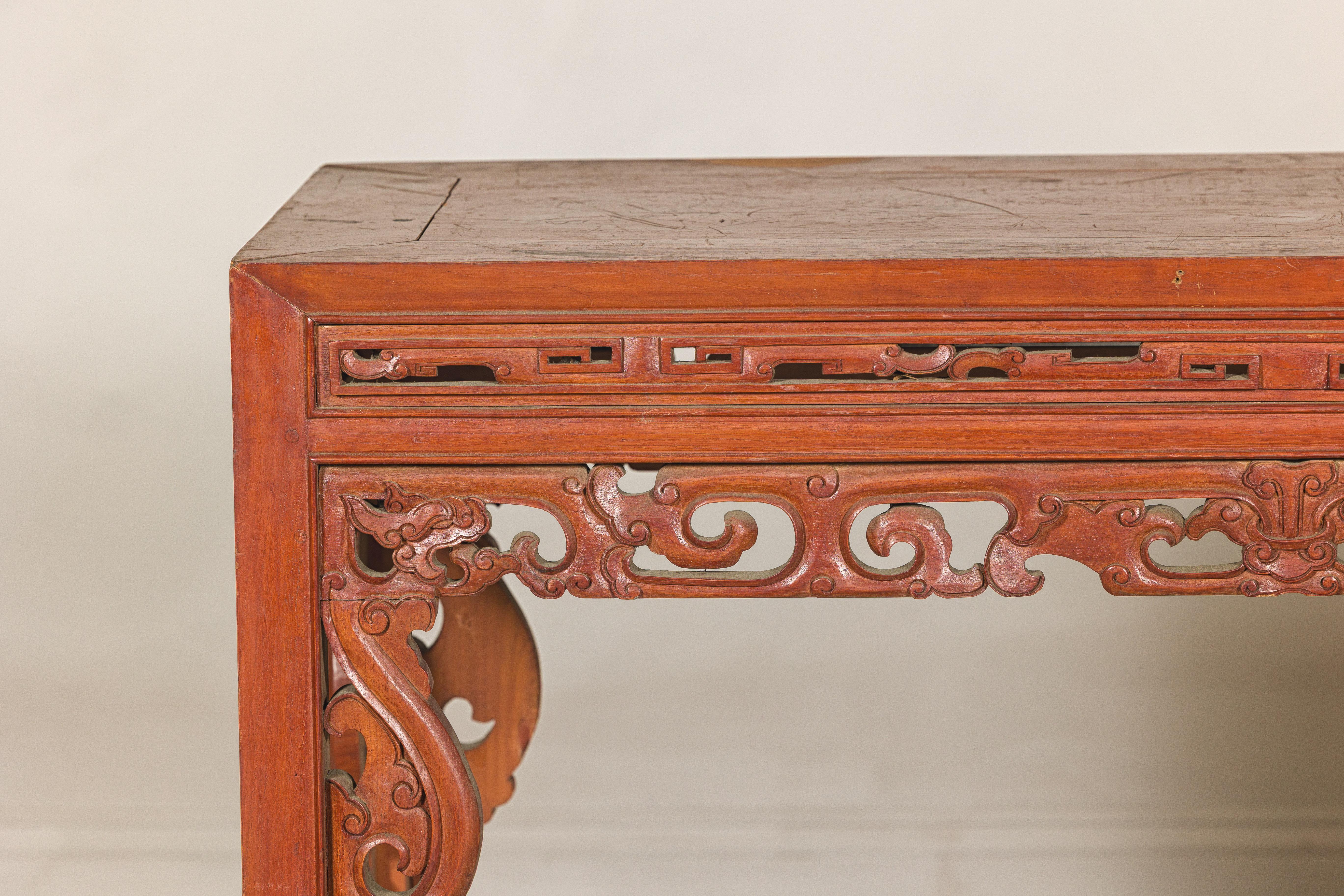 Chinese Console Table with Carved Waist in Jumu Wood, Late Qing Cinnabar Finish For Sale
