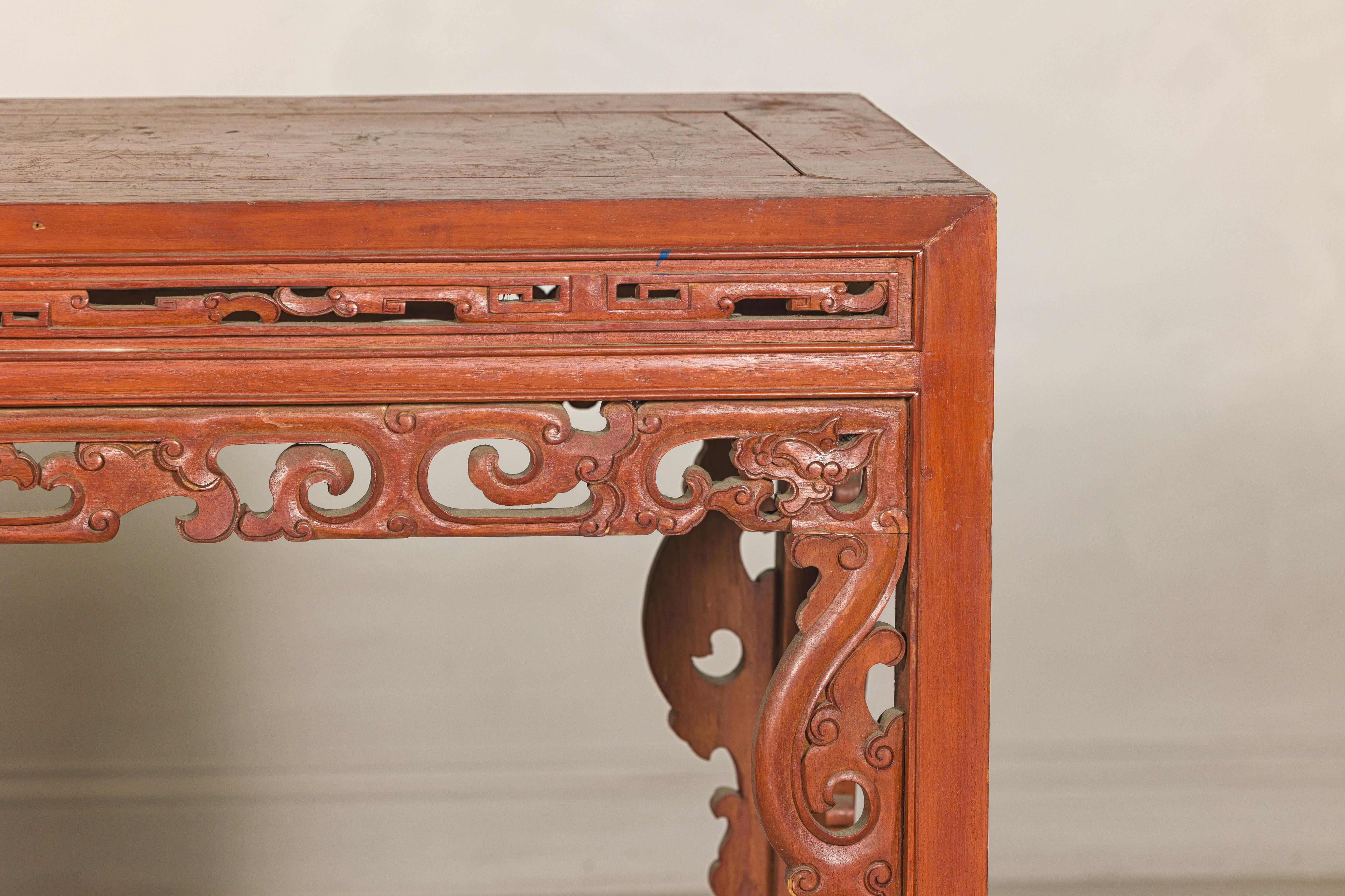 Console Table with Carved Waist in Jumu Wood, Late Qing Cinnabar Finish In Good Condition For Sale In Yonkers, NY