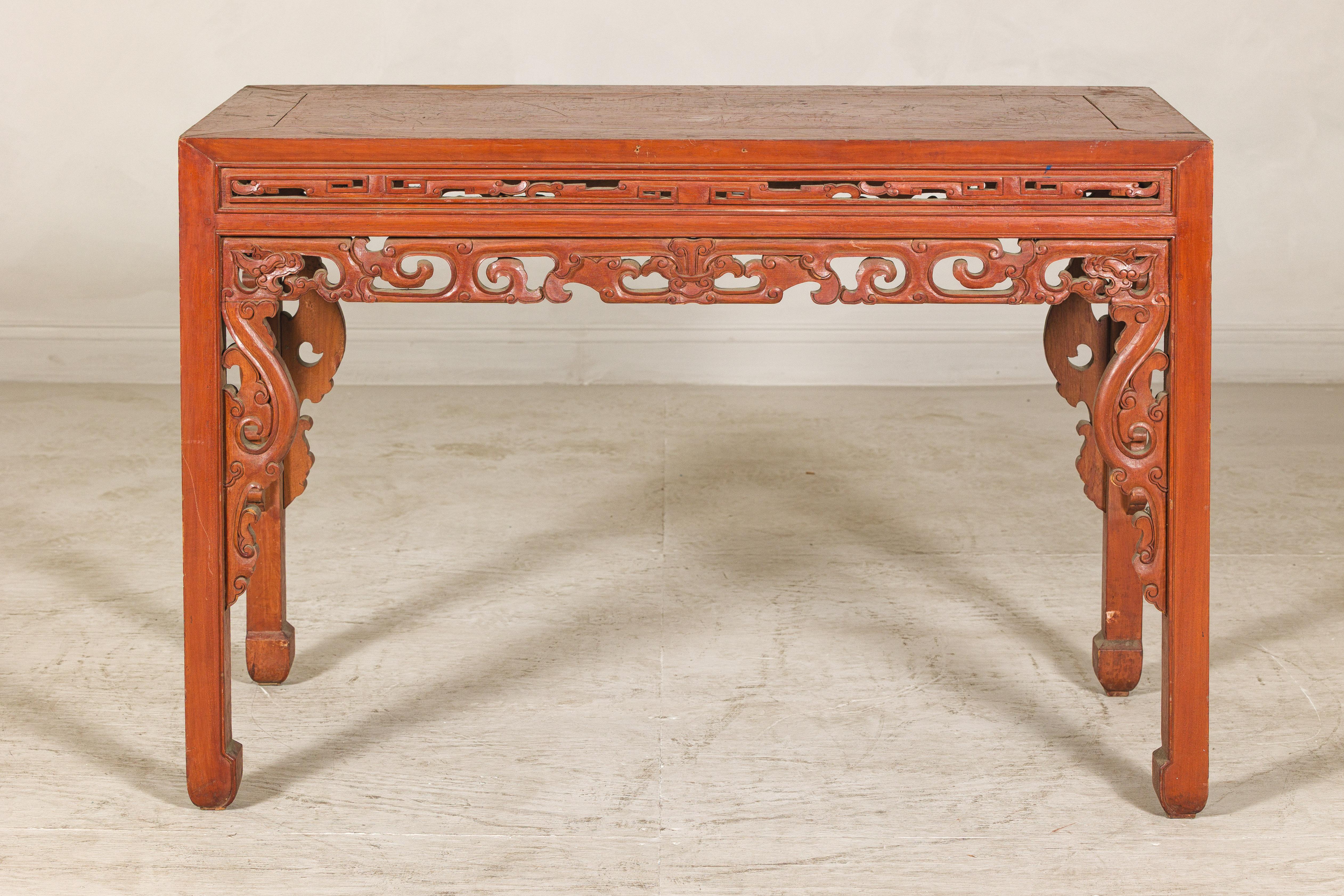 20th Century Console Table with Carved Waist in Jumu Wood, Late Qing Cinnabar Finish For Sale