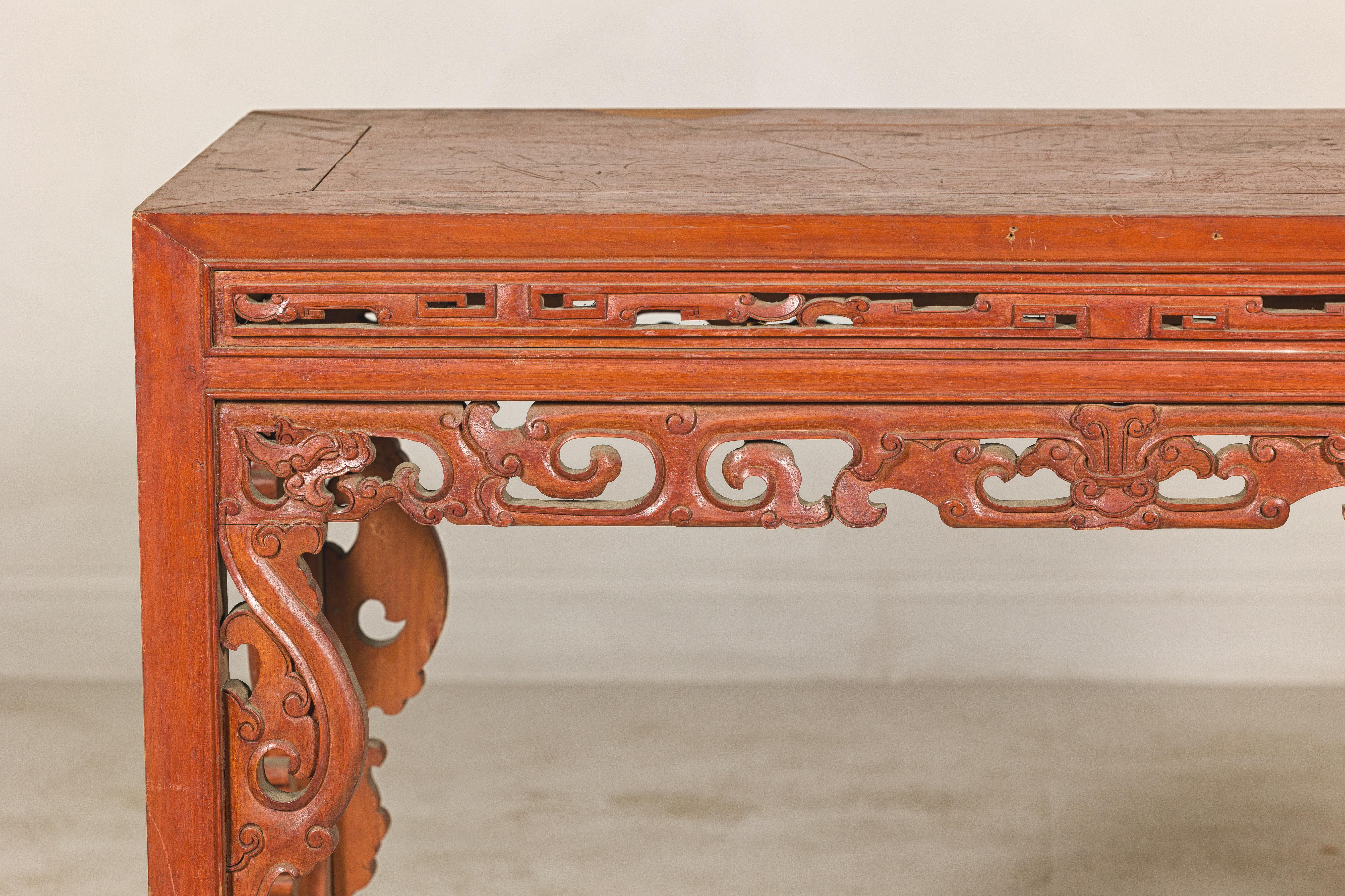 Elm Console Table with Carved Waist in Jumu Wood, Late Qing Cinnabar Finish For Sale
