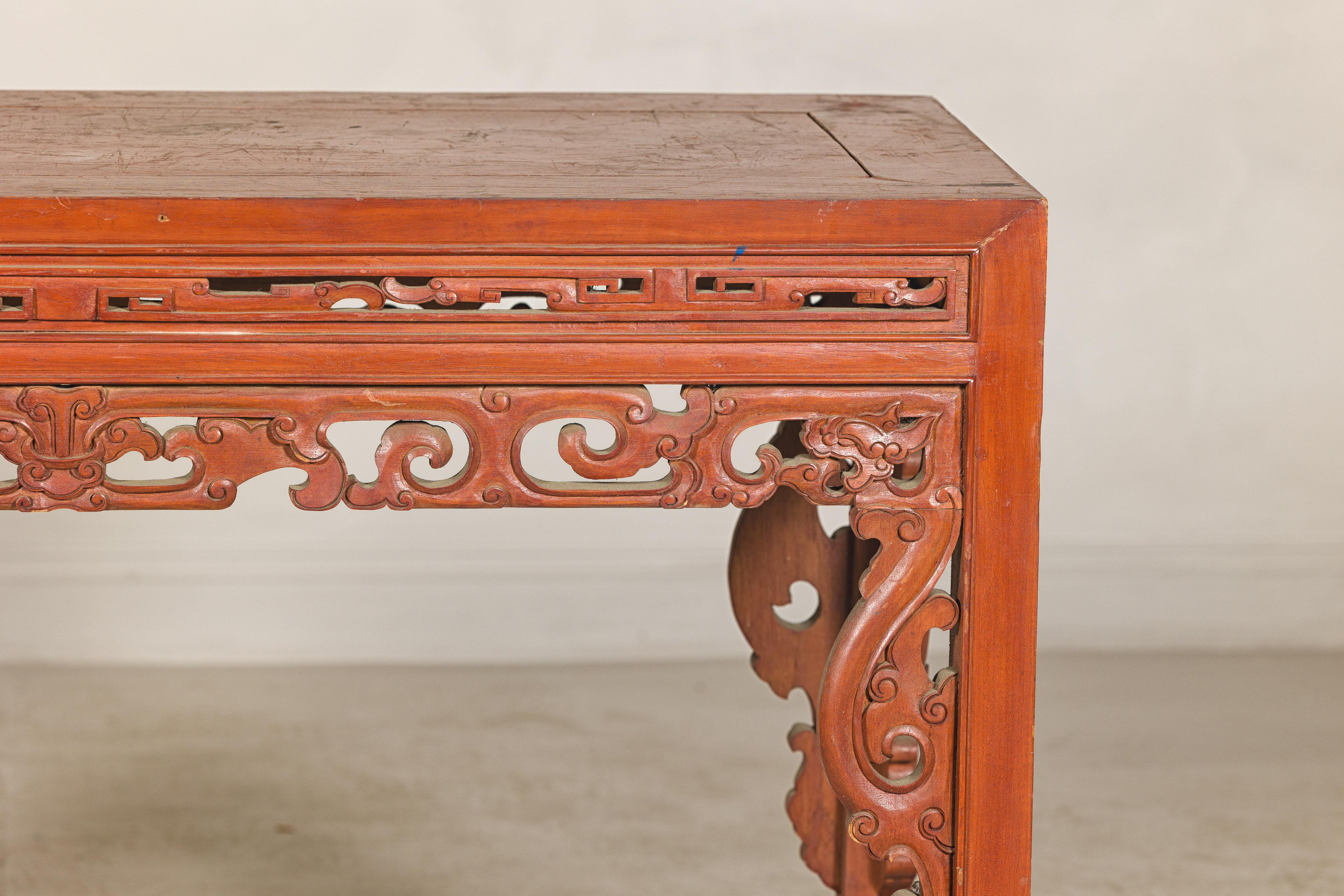 Console Table with Carved Waist in Jumu Wood, Late Qing Cinnabar Finish For Sale 1
