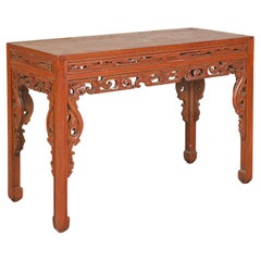 Mesa Consola con Cintura Tallada en Madera de Jumu, Acabado Cinabrio Qing Tardío