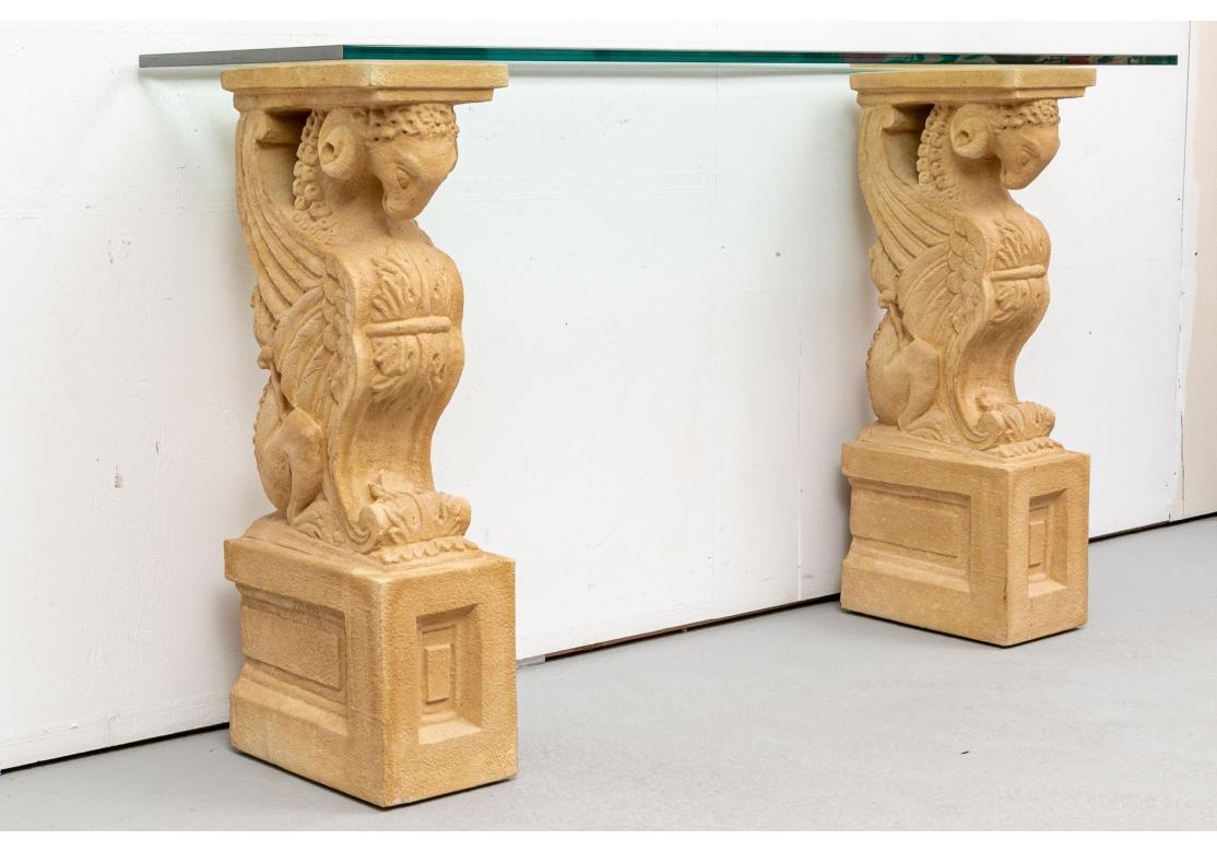 Console Table with Glass Top and Neoclassical Style Sphinx Supports In Good Condition For Sale In Bridgeport, CT