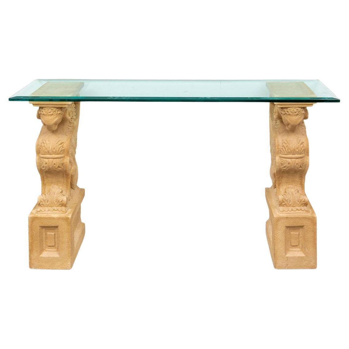 Table console avec plateau en verre et supports en sphinx de style néoclassique