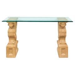 Table console avec plateau en verre et supports en sphinx de style néoclassique