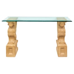 Console Table with Glass Top and Neoclassical Style Sphinx Supports