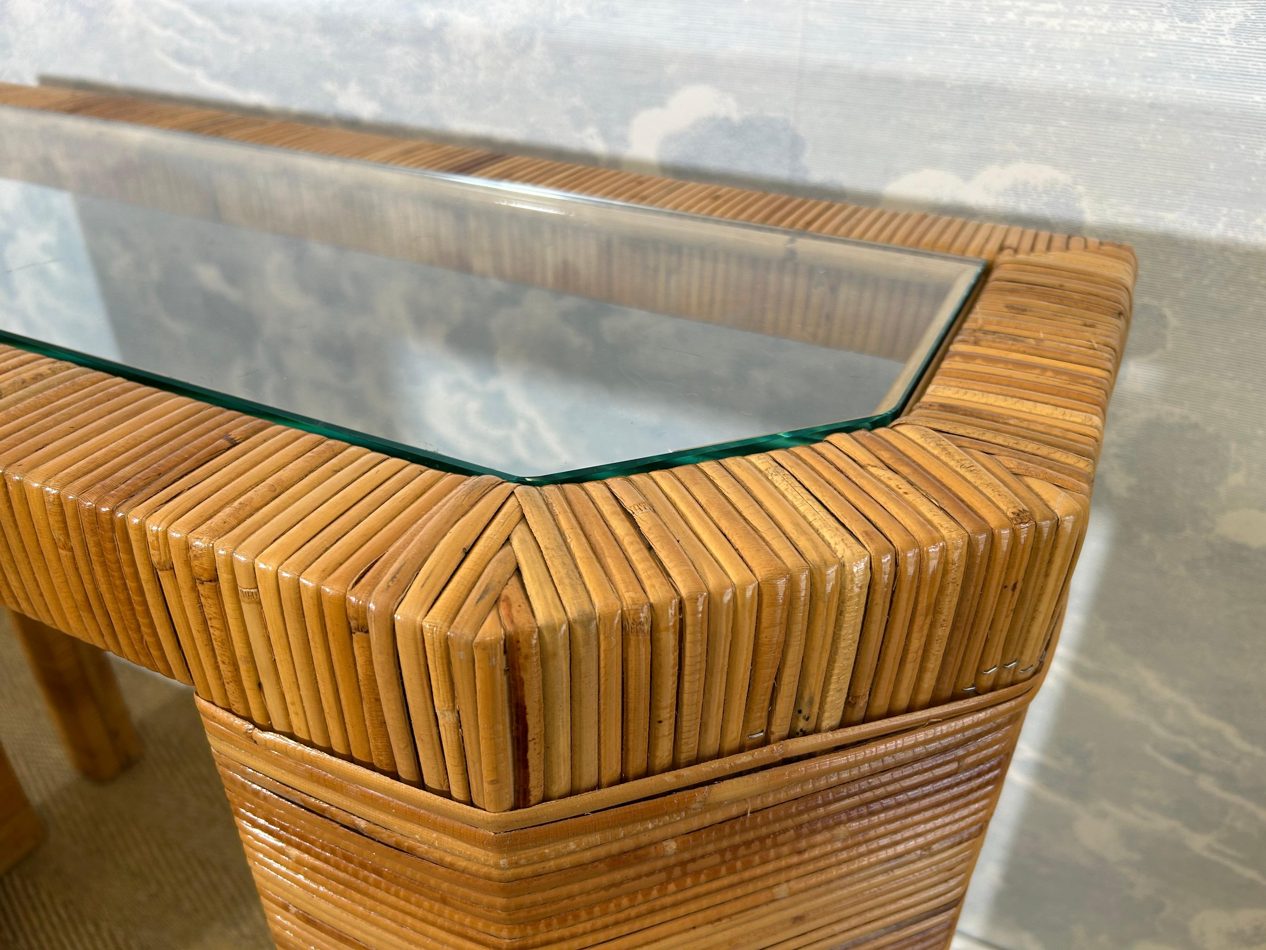 Mid-Century moderno Console Table with Insert Glass Top and Wicker Wrap, Italy, 1970's in vendita