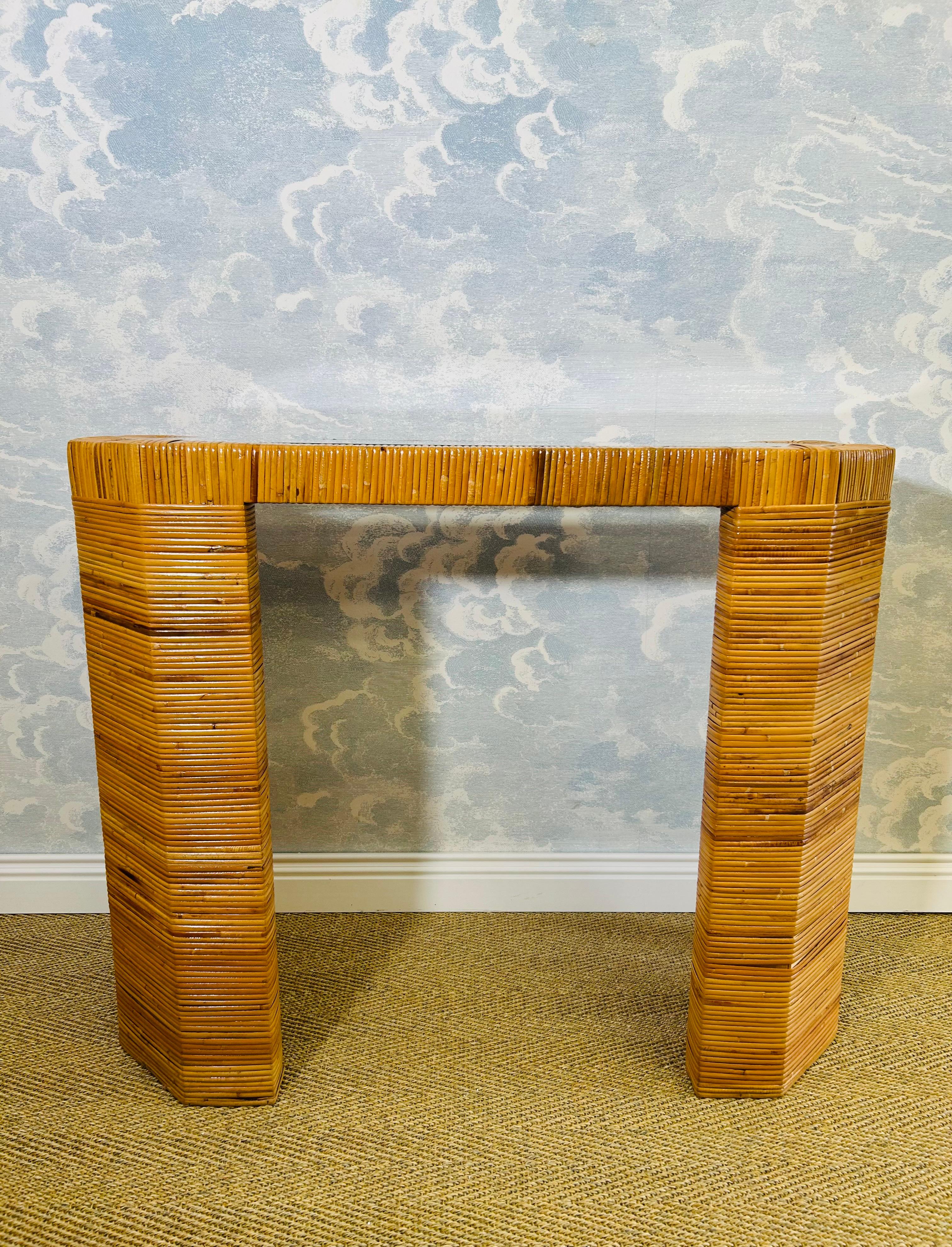Italiano Console Table with Insert Glass Top and Wicker Wrap, Italy, 1970's in vendita