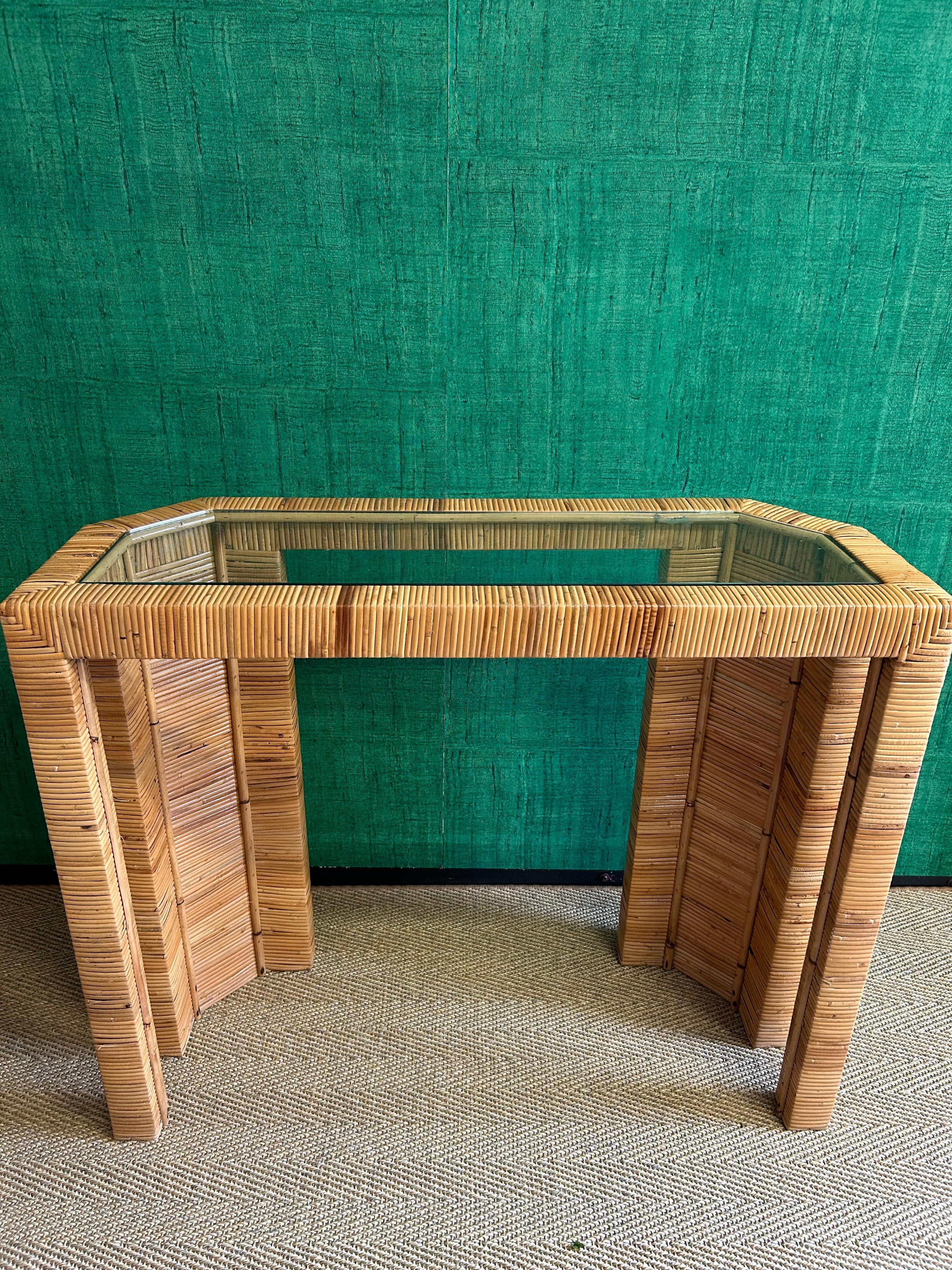 Vimini Console Table with Insert Glass Top and Wicker Wrap, Italy, 1970's in vendita