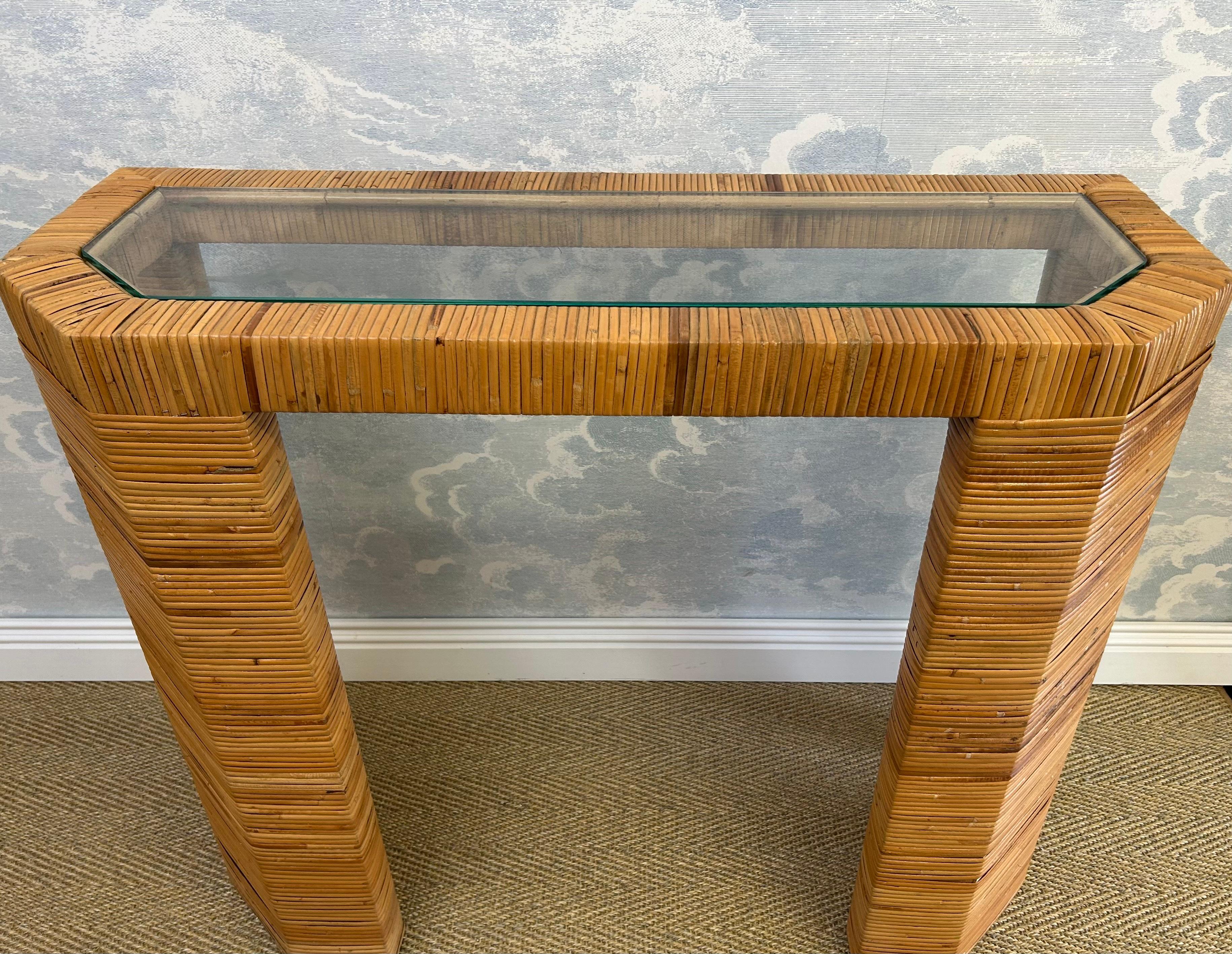 Console Table with Insert Glass Top and Wicker Wrap, Italy, 1970's in vendita 1