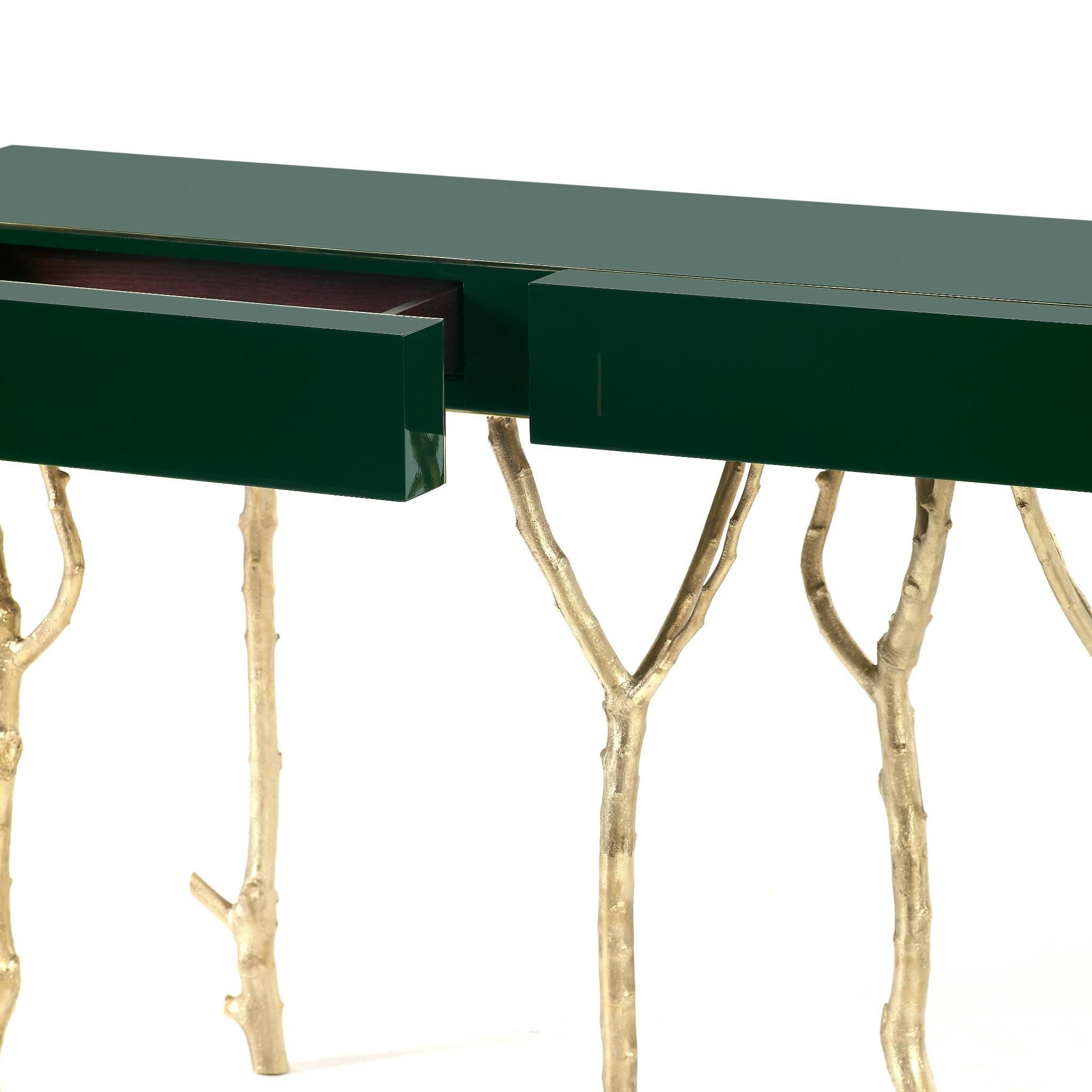 Wood Console Table With Lacquered Top & Fig Tree Branches In Brass Legs For Sale