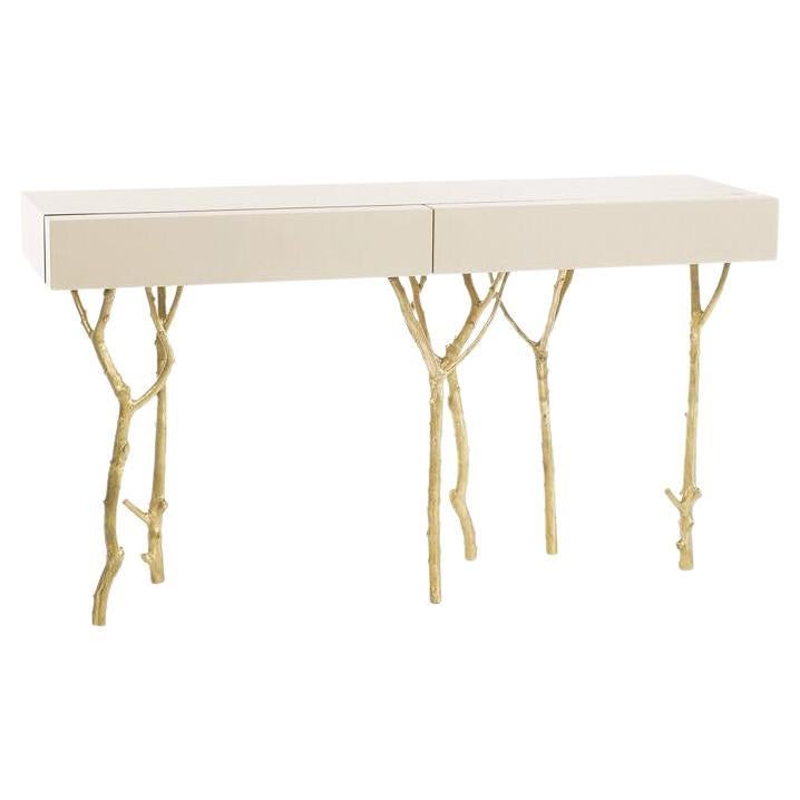  Console Table With Lacquered Top & Fig Tree Branches In Brass Legs For Sale