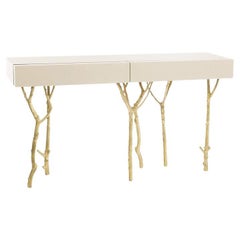  Console Table With Lacquered Top & Fig Tree Branches In Brass Legs