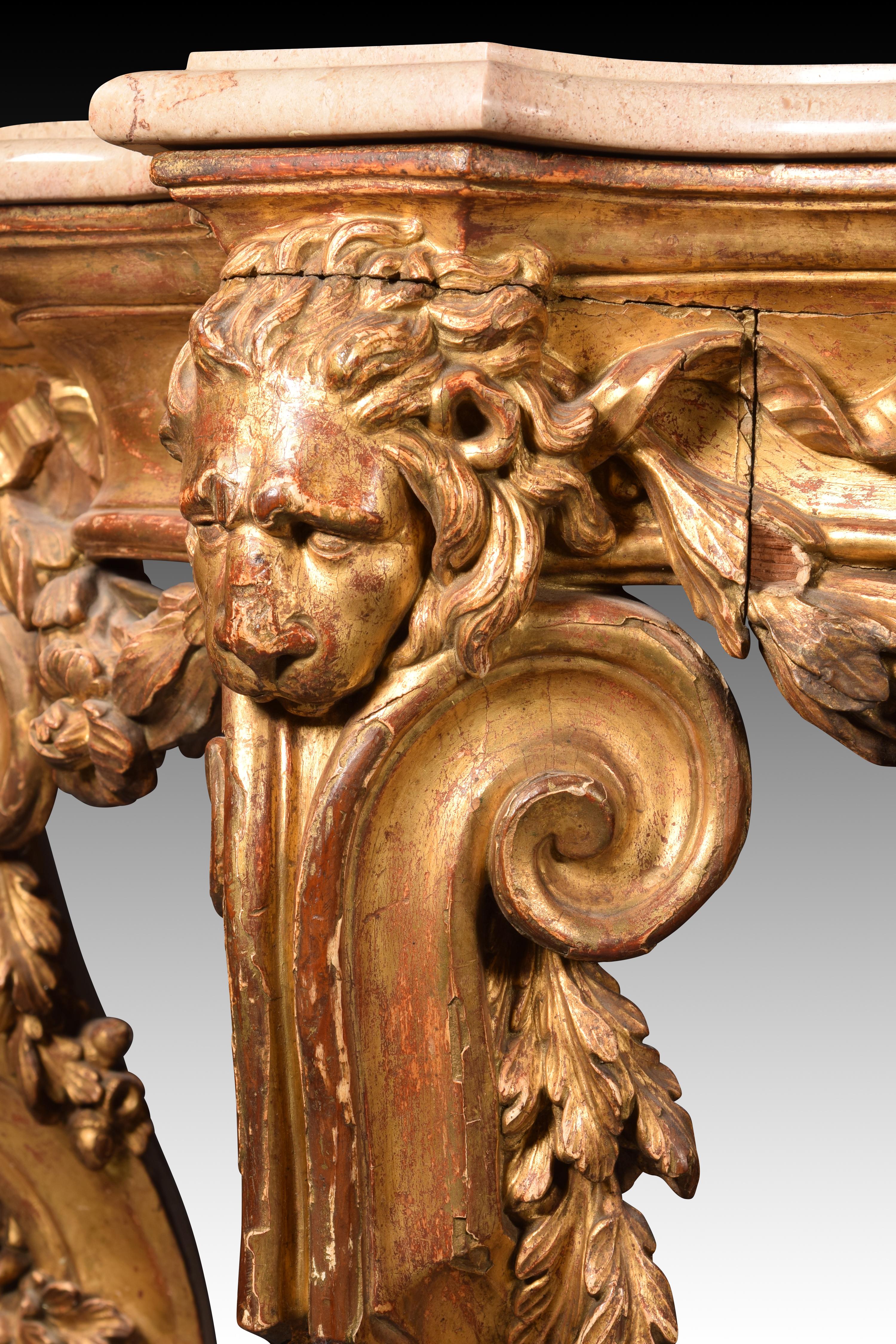 18th Century and Earlier Console table with lion heads. Possibly Italian school, 18th century. For Sale
