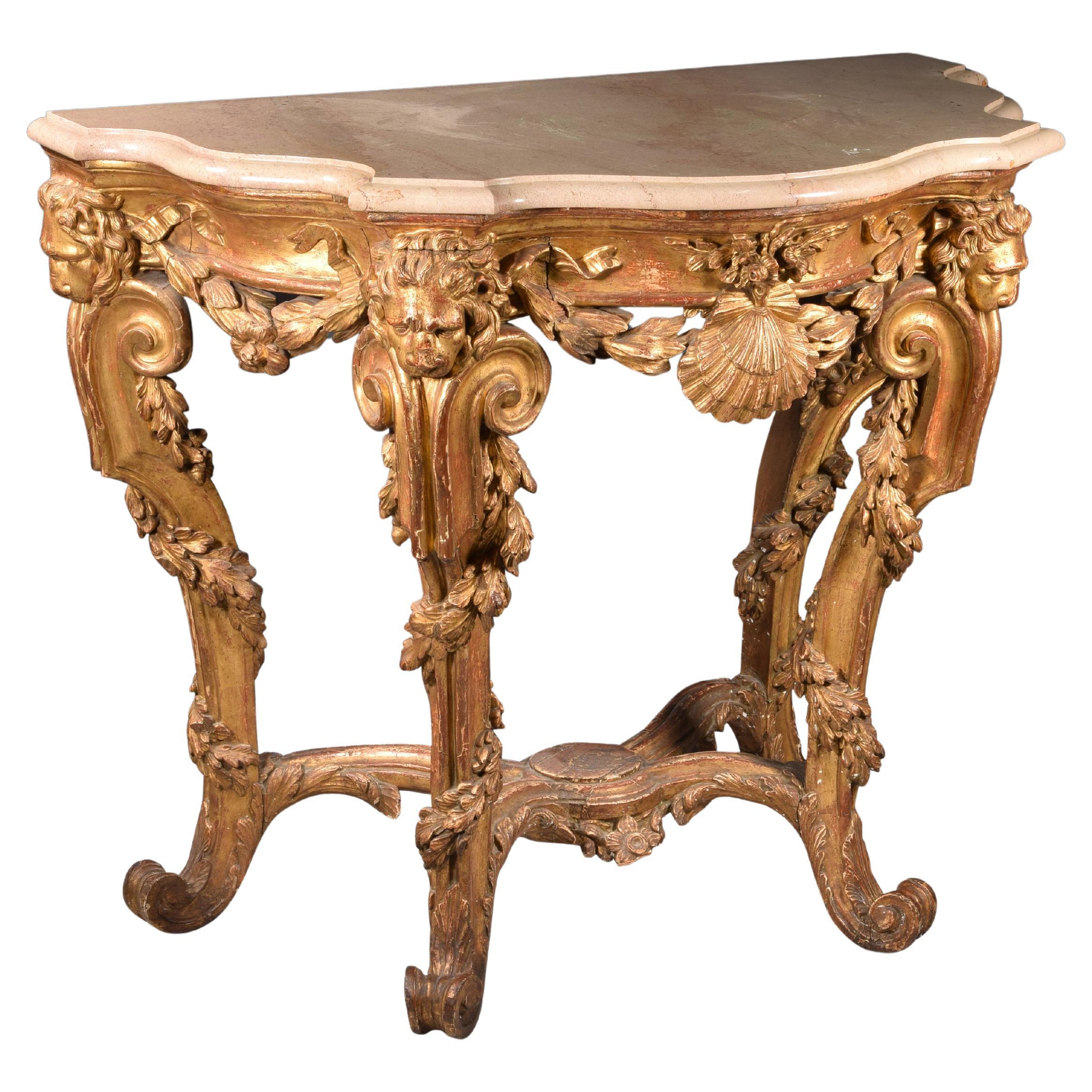 Console table with lion heads. Possibly Italian school, 18th century. For Sale