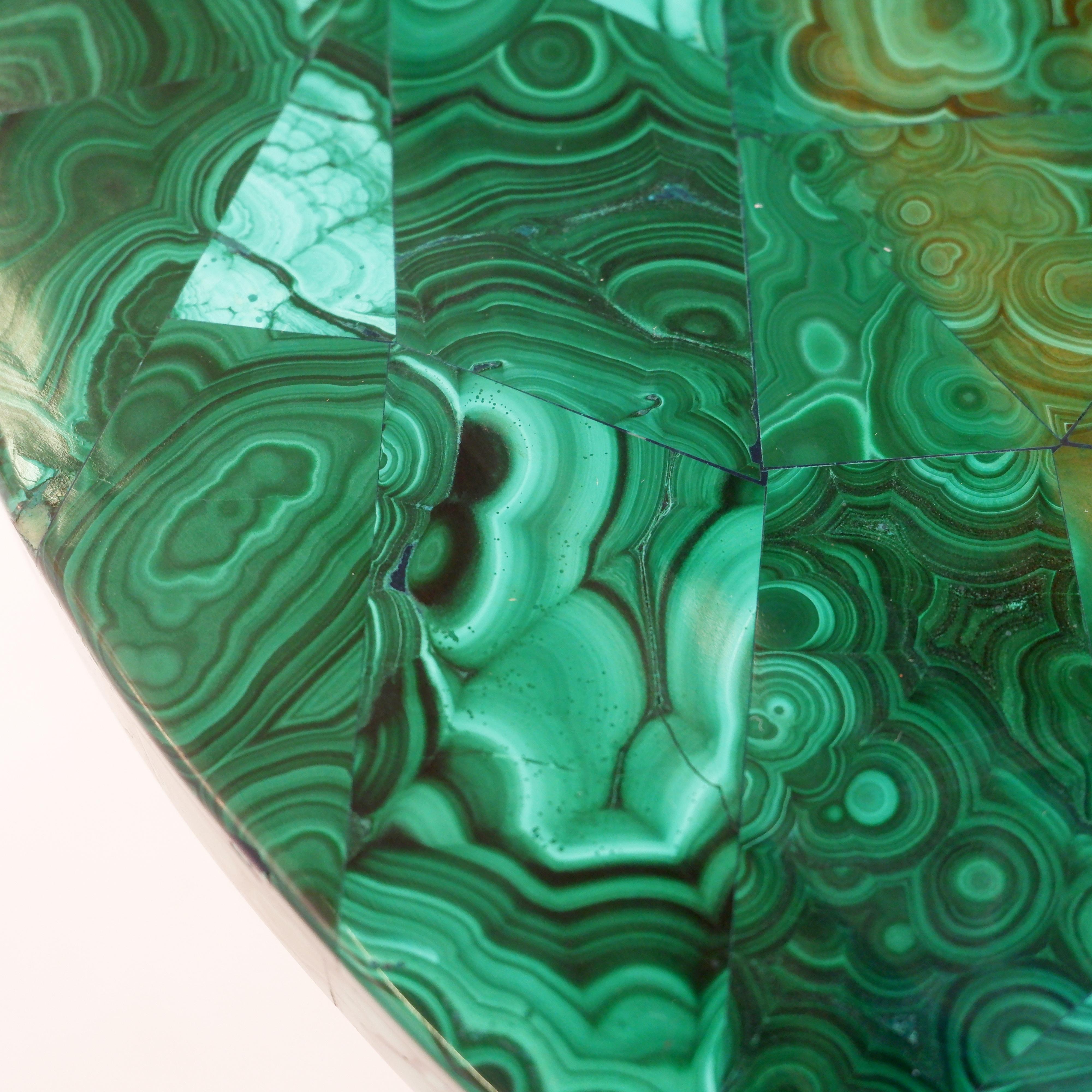 Console table with malachite top on double tripod base in black metal For Sale 4