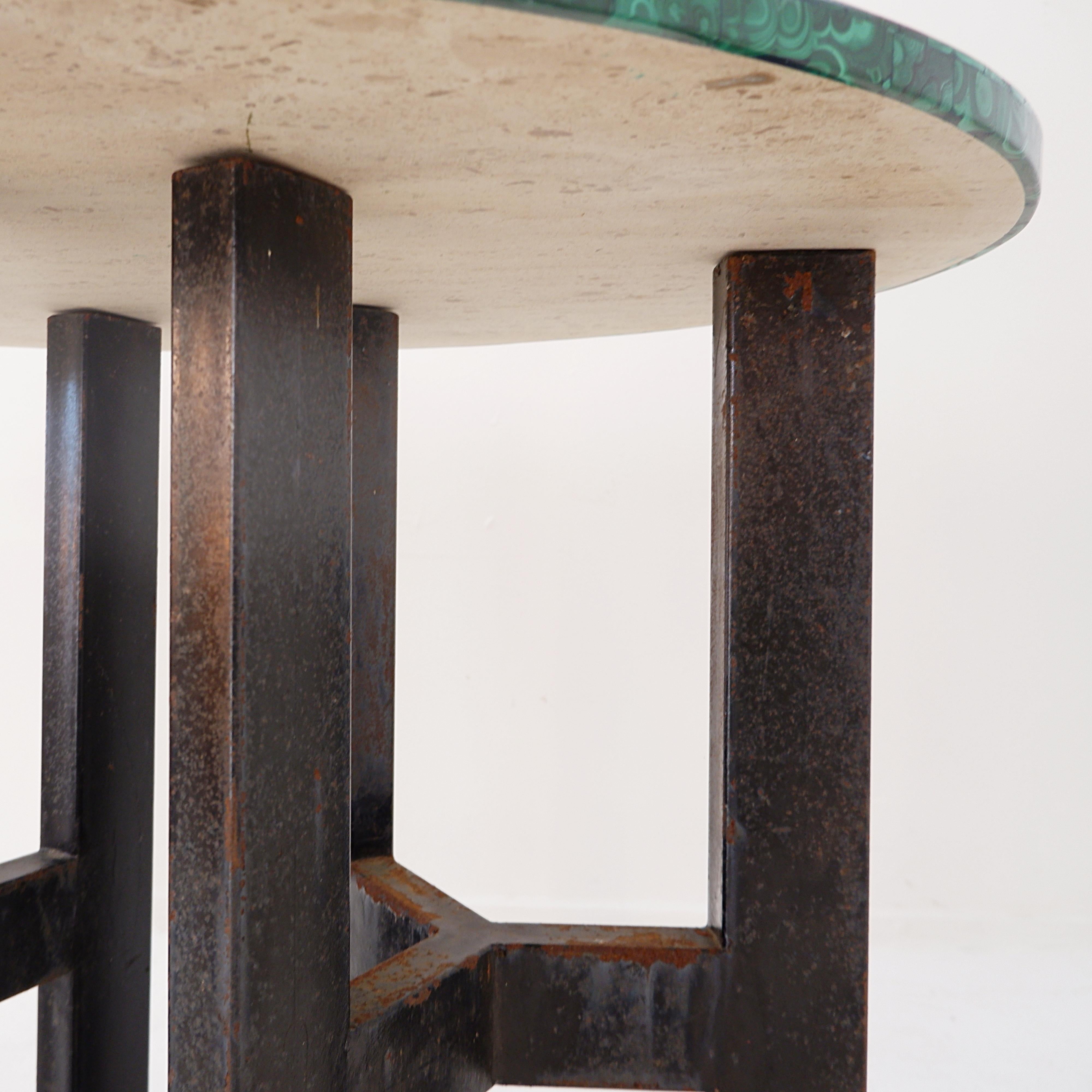 Console table with malachite top on double tripod base in black metal For Sale 7