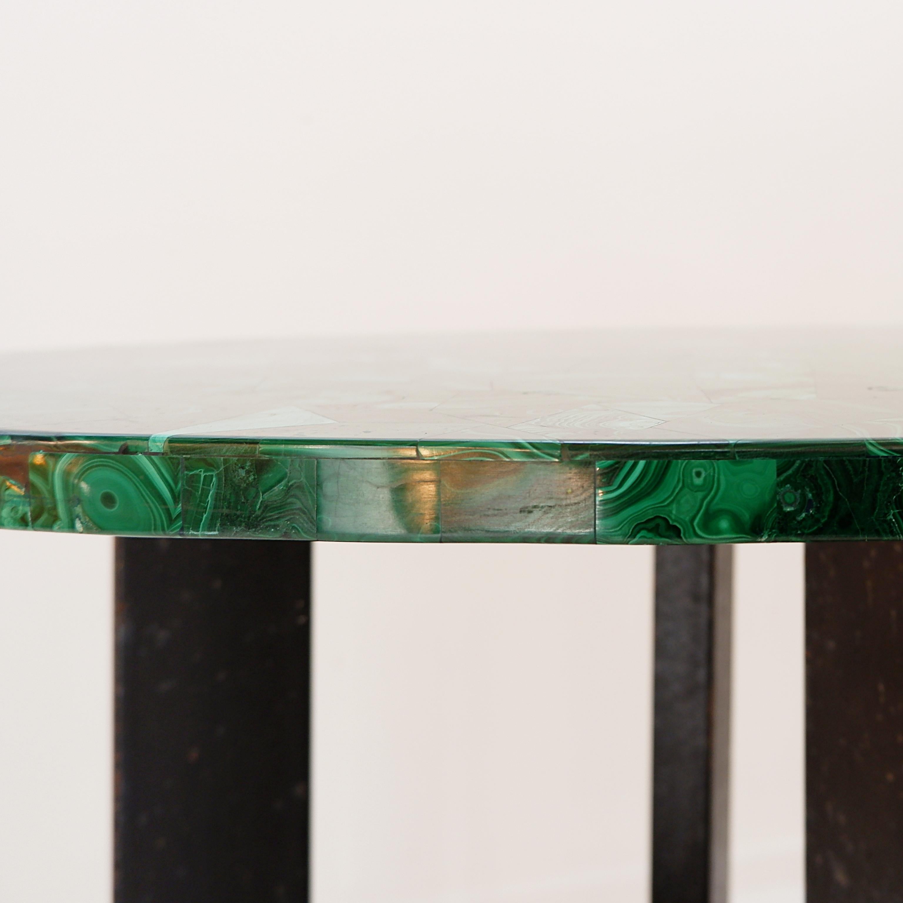 Console table with malachite top on double tripod base in black metal For Sale 9