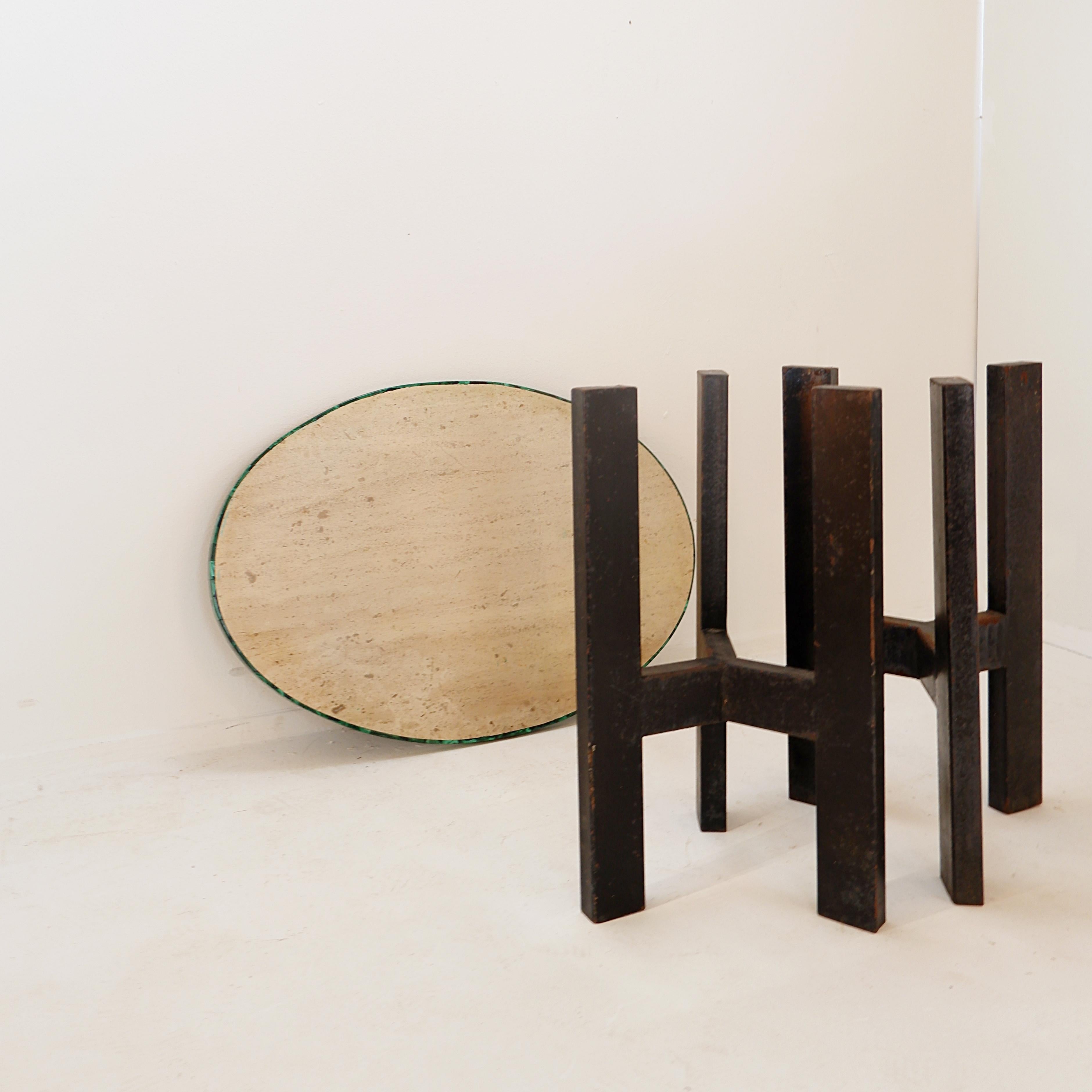Console table with malachite top on double tripod base in black metal For Sale 11