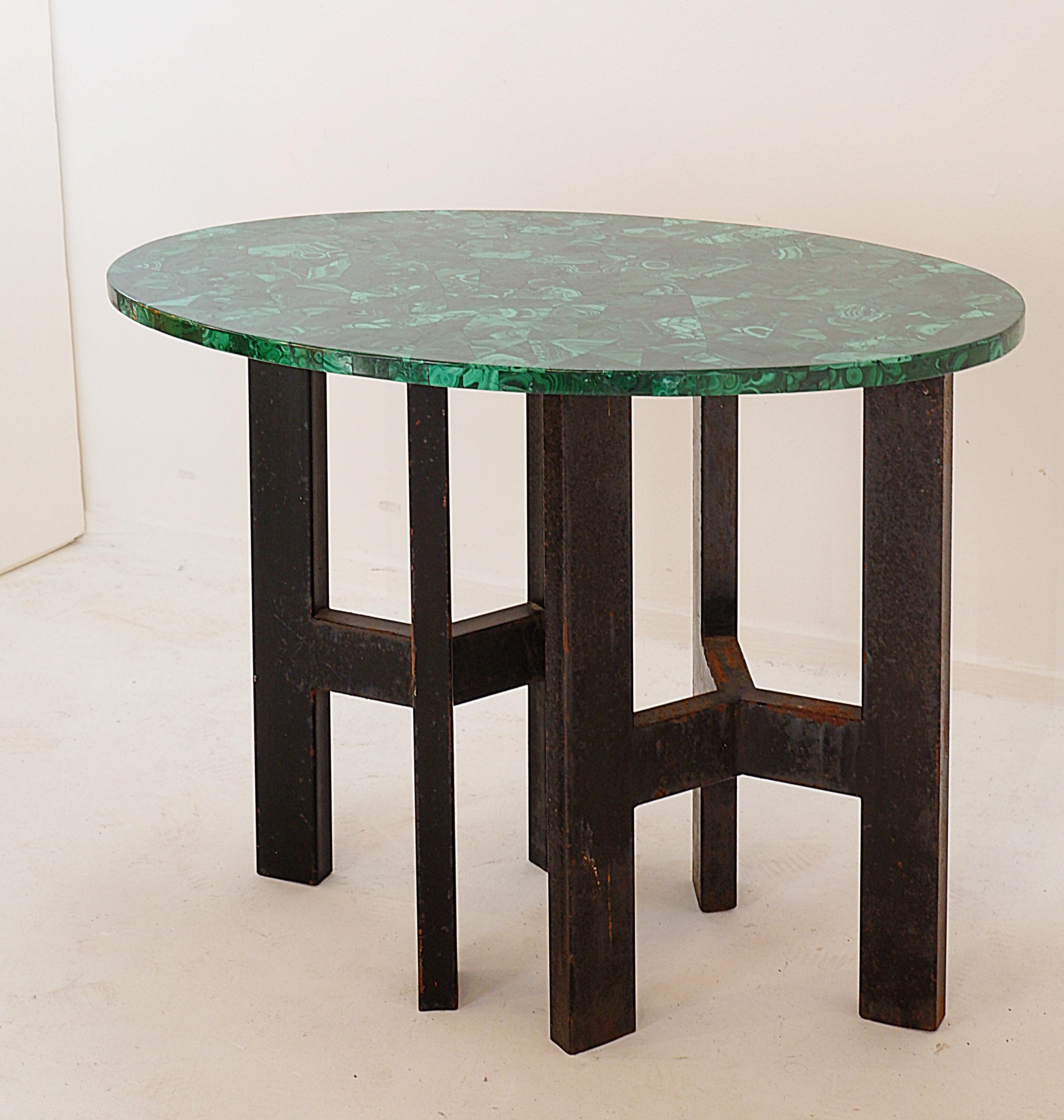 Mid-Century Modern Console table with malachite top on double tripod base in black metal For Sale