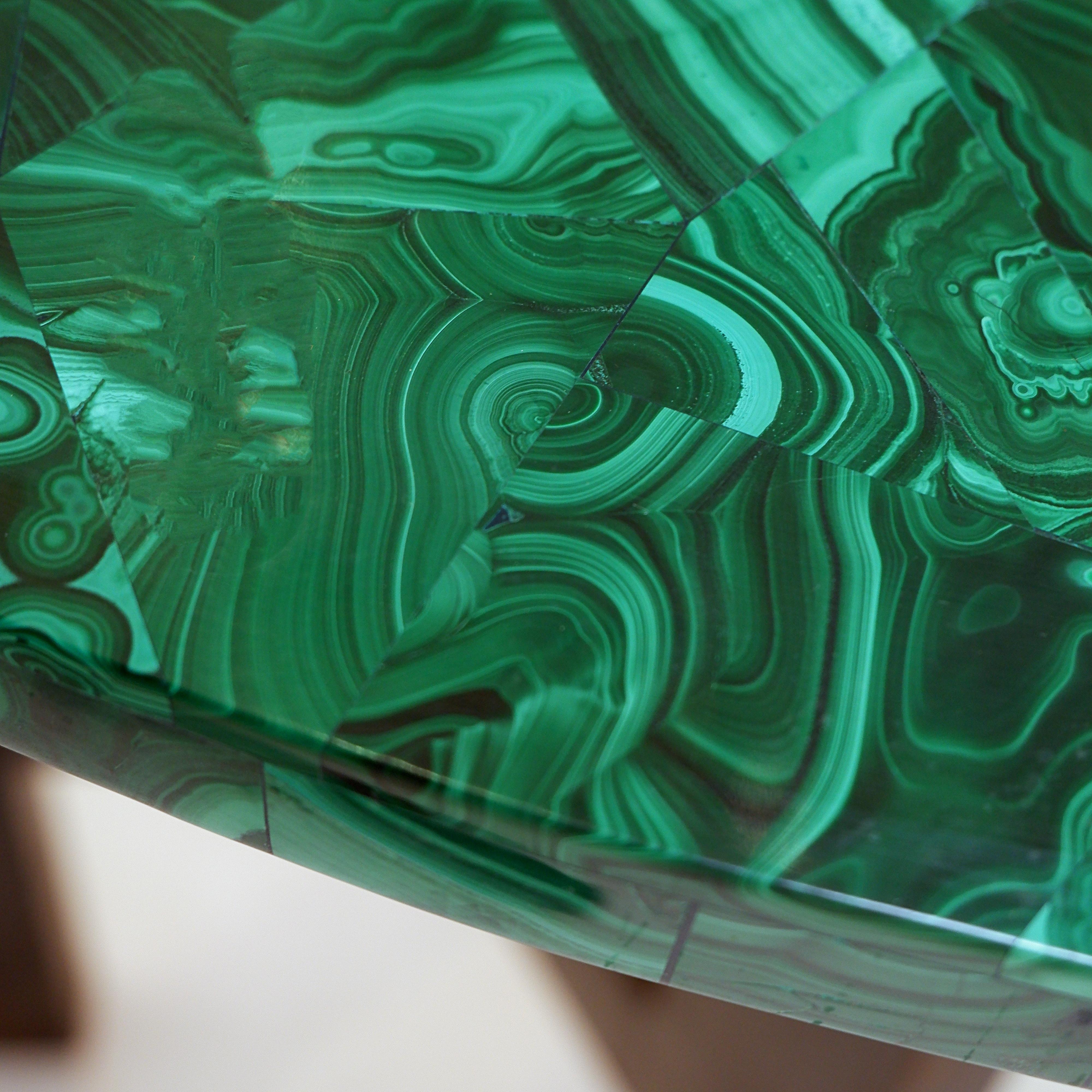 Console table with malachite top on double tripod base in black metal For Sale 3