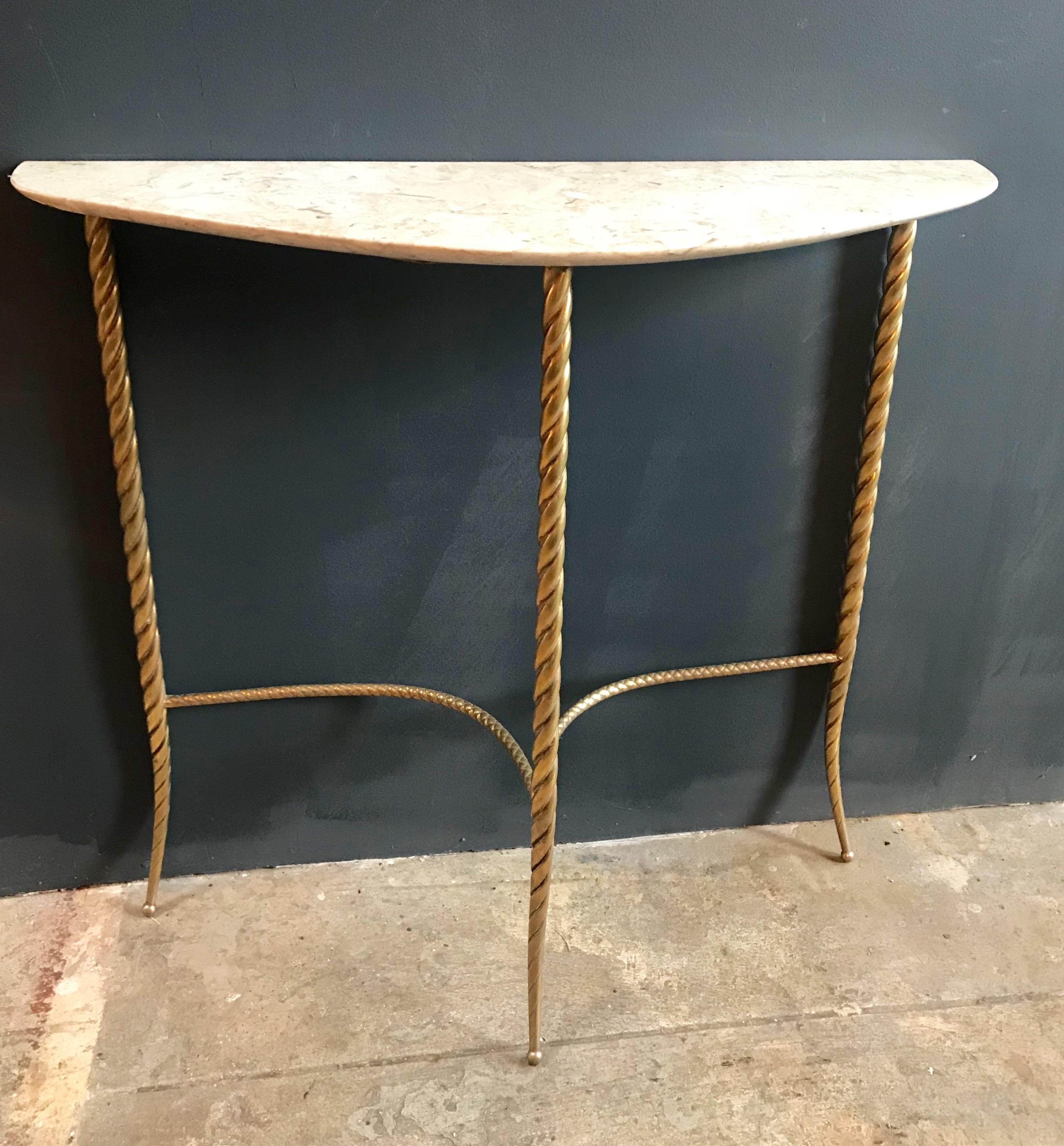 Mid-Century Modern Console Table with Marble Top and Brass Legs, Italy 1940s