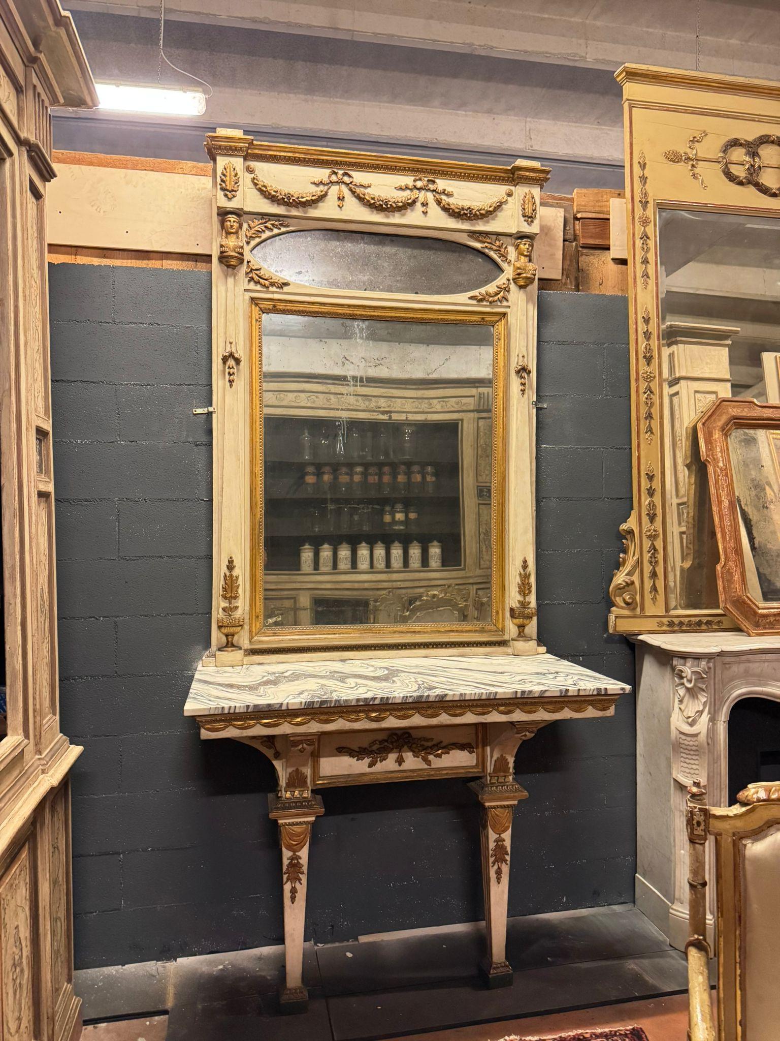 Mesa consola con espejo de estilo neoclásico, lacada y dorada, italia en venta 3
