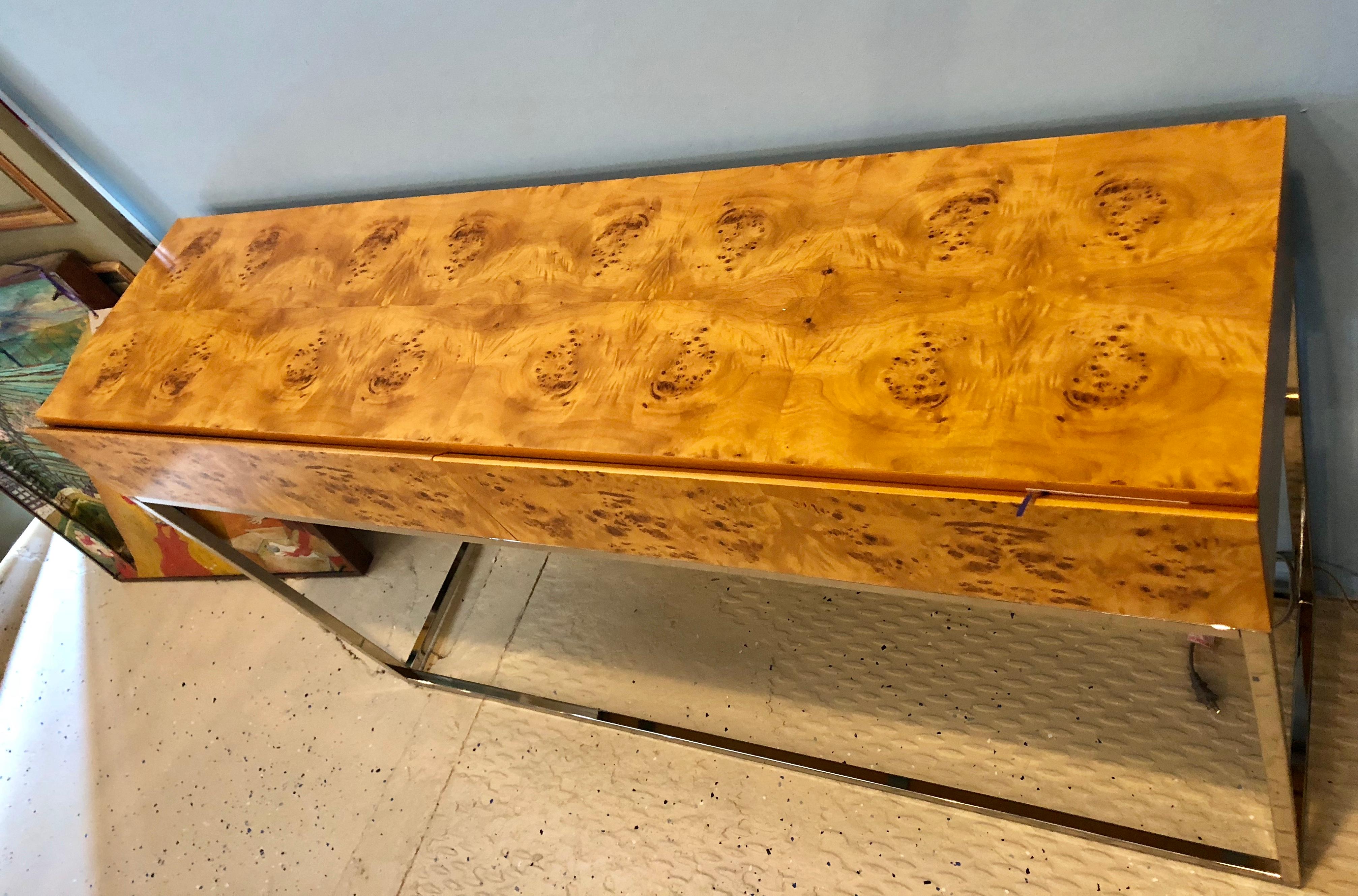 Mid-Century Modern Console Table with Nice Burl Grain Two Drawers on a Chrome Base