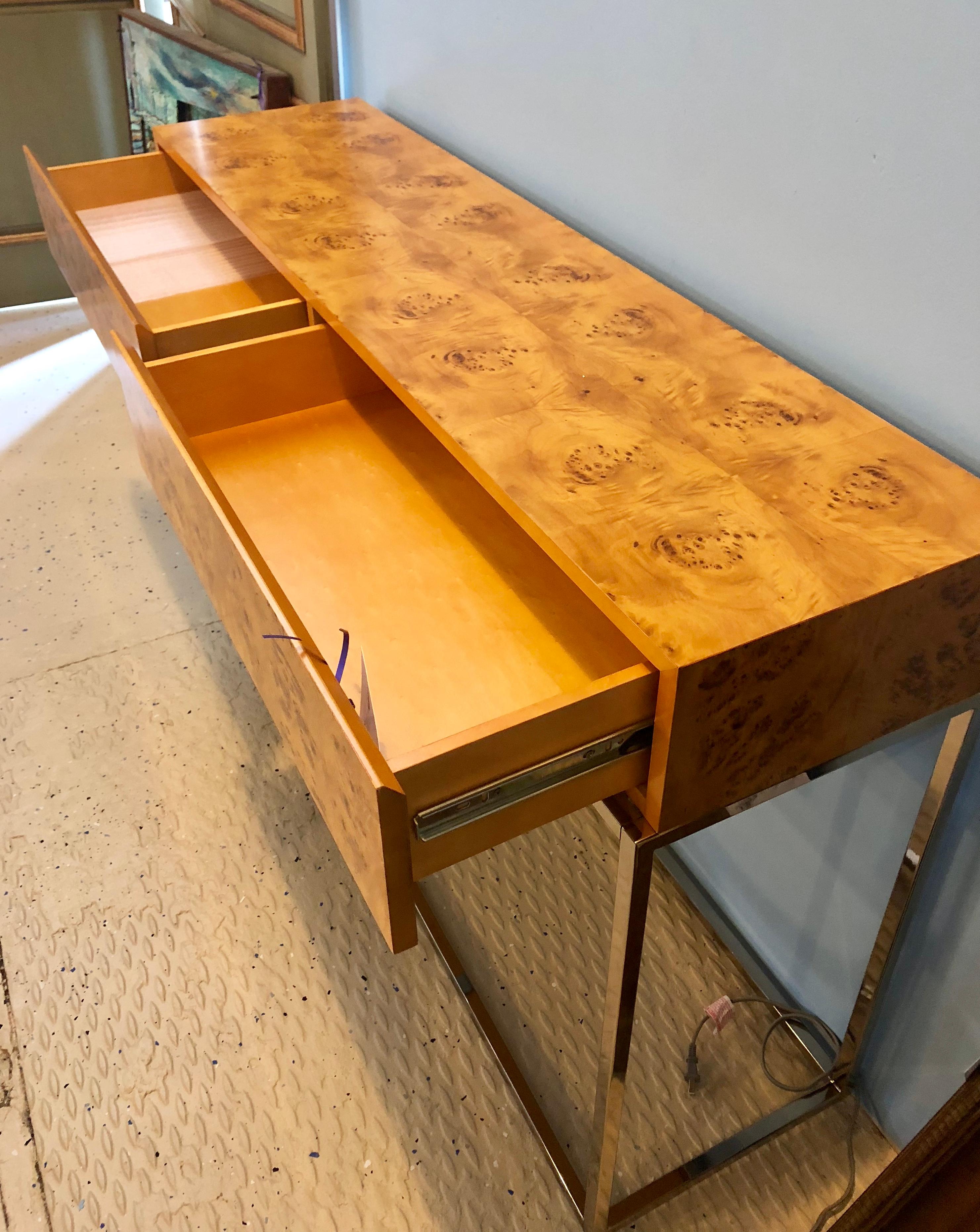 Console Table with Nice Burl Grain Two Drawers on a Chrome Base In Good Condition In Stamford, CT
