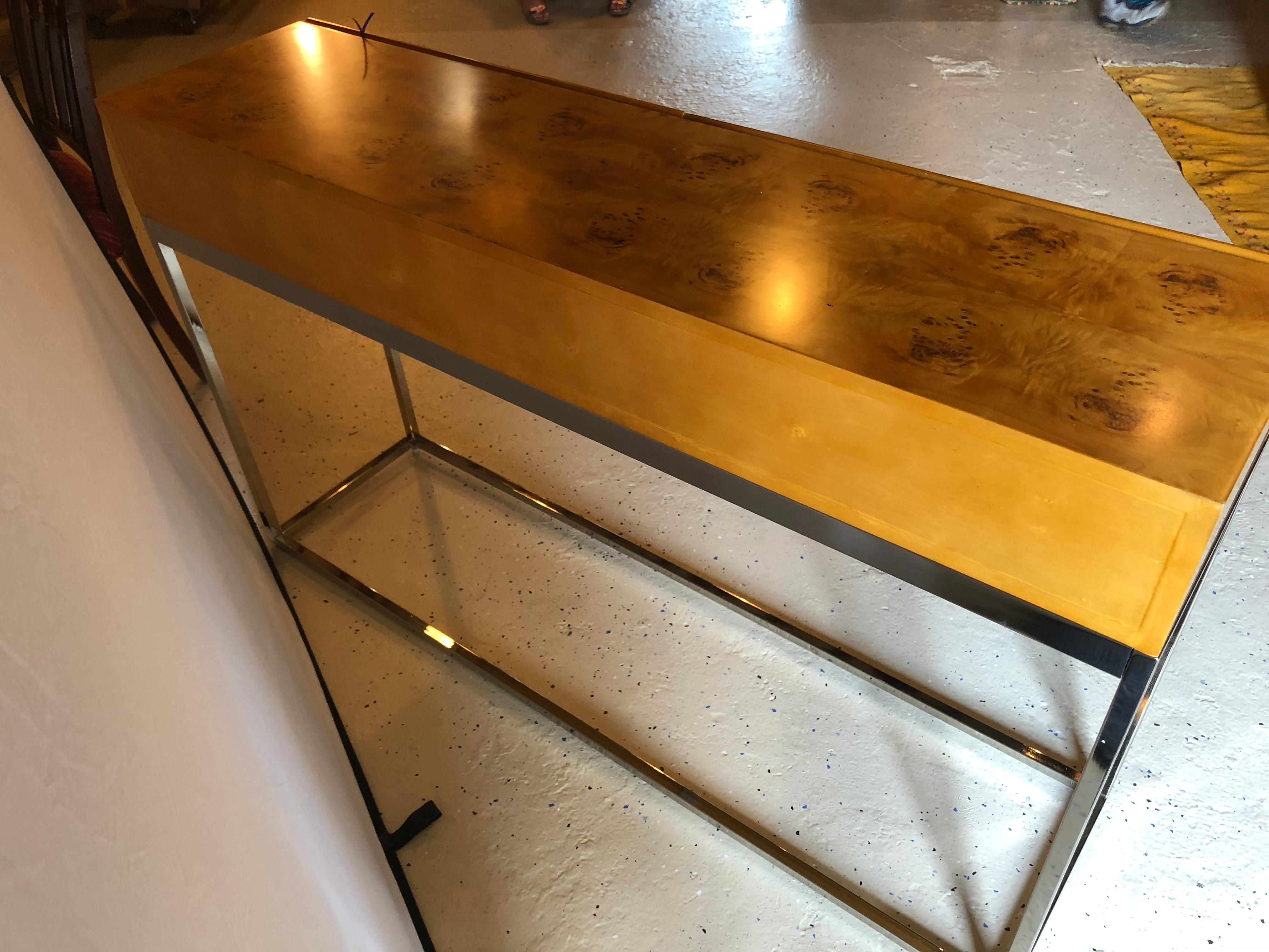 20th Century Console Table with Nice Burl Grain Two Drawers on a Chrome Base