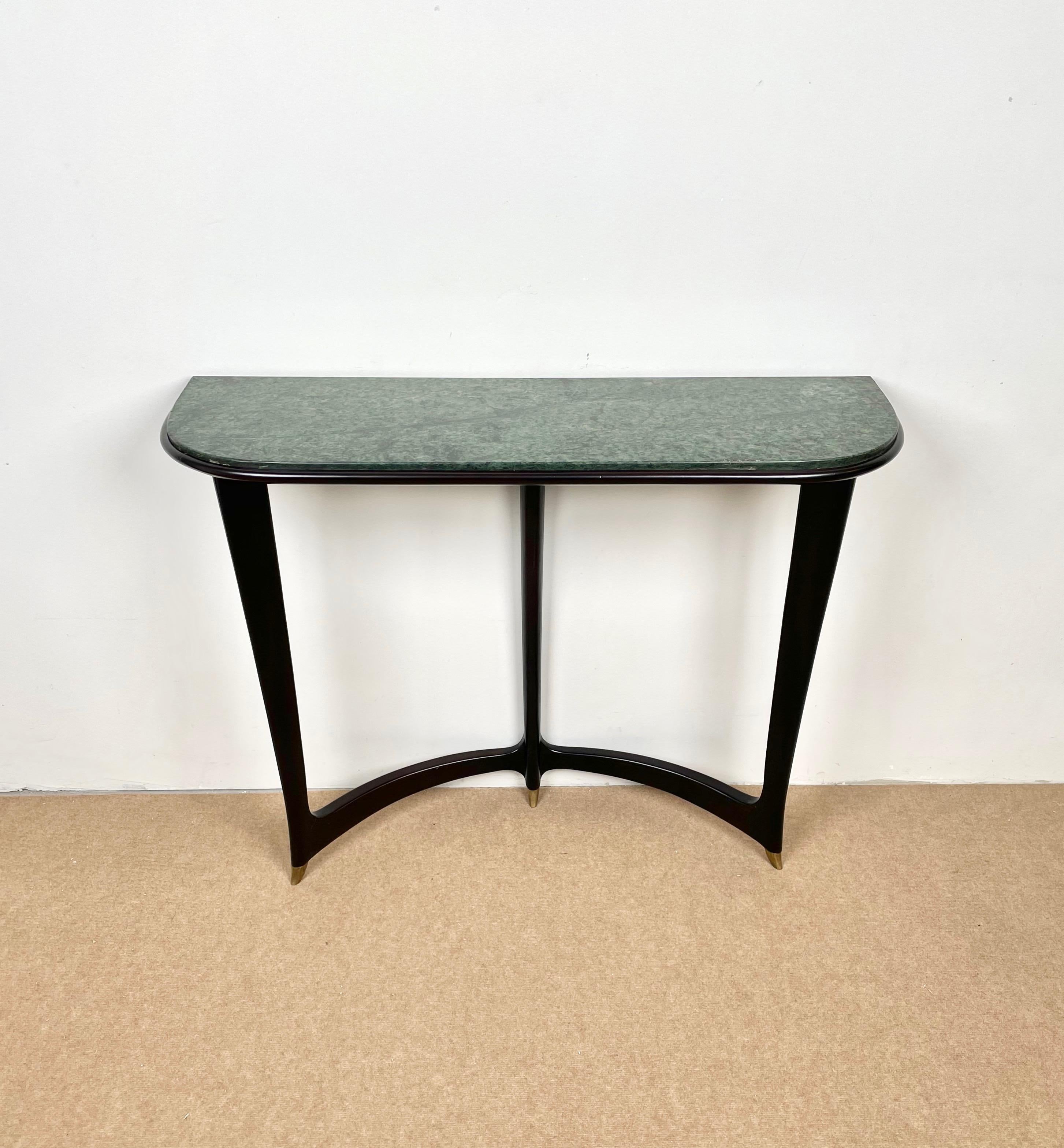 Italian Console Table Wood, Brass & Green Marble by Guglielmo Ulrich, Italy, 1940s For Sale