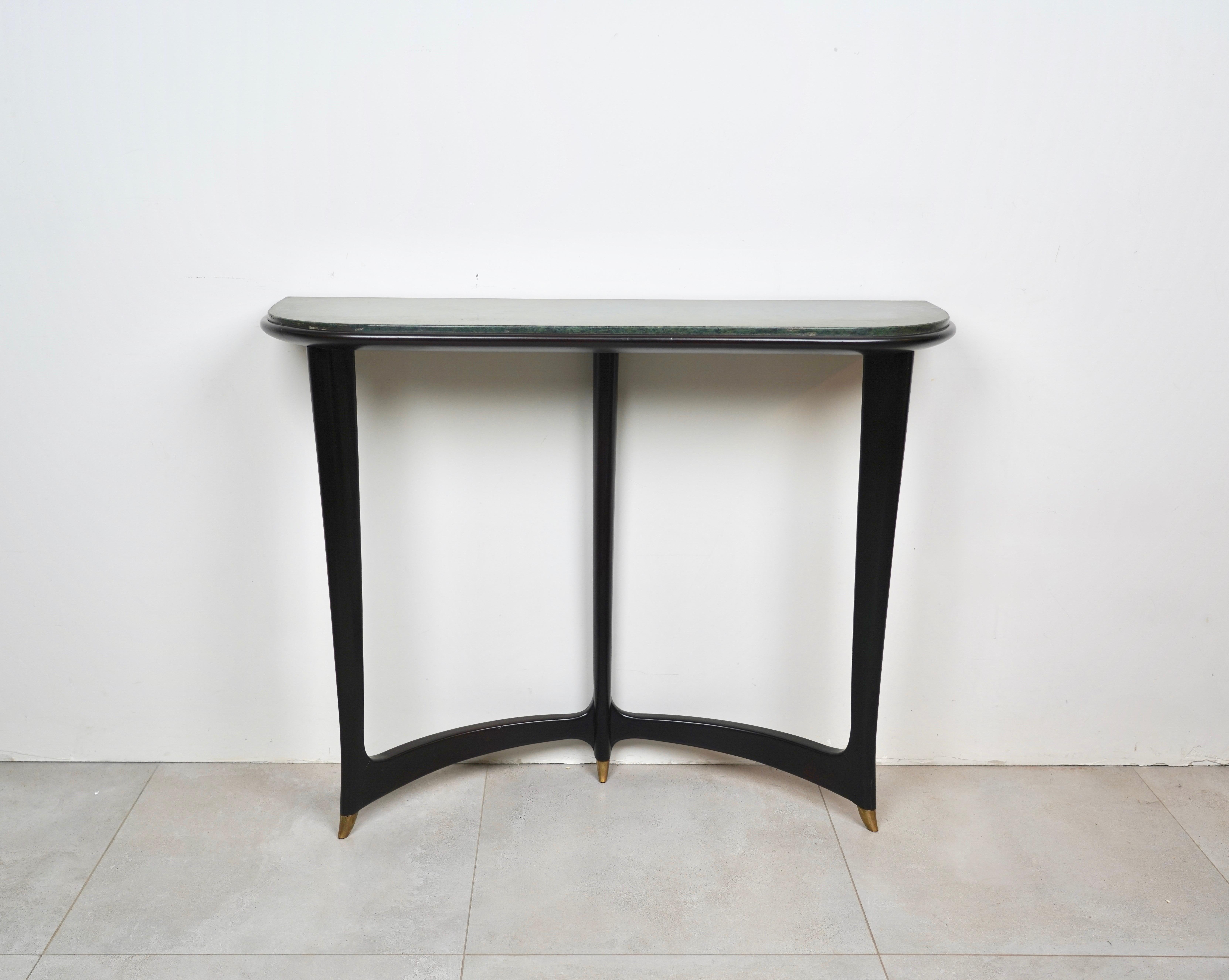 Console Table Wood, Brass & Green Marble by Guglielmo Ulrich, Italy, 1940s In Good Condition For Sale In Rome, IT