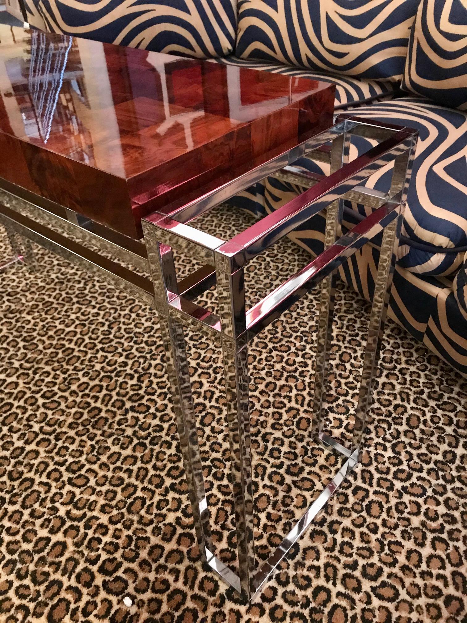 Console Table Wood Inlay and Chrome, in the Style of Willy Rizzo, 1970 In Excellent Condition For Sale In Saint-Ouen, FR