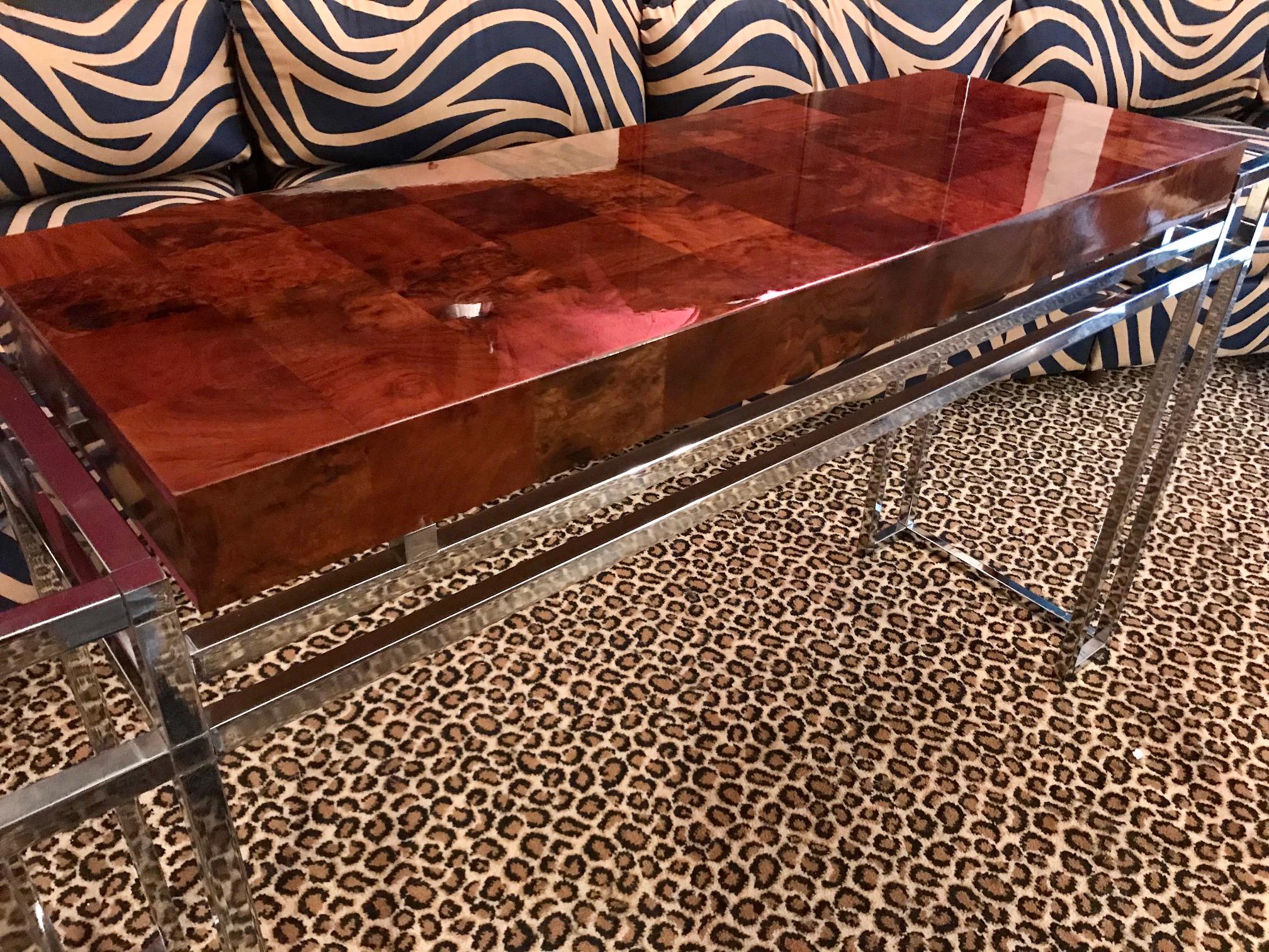 20th Century Console Table Wood Inlay and Chrome, in the Style of Willy Rizzo, 1970 For Sale