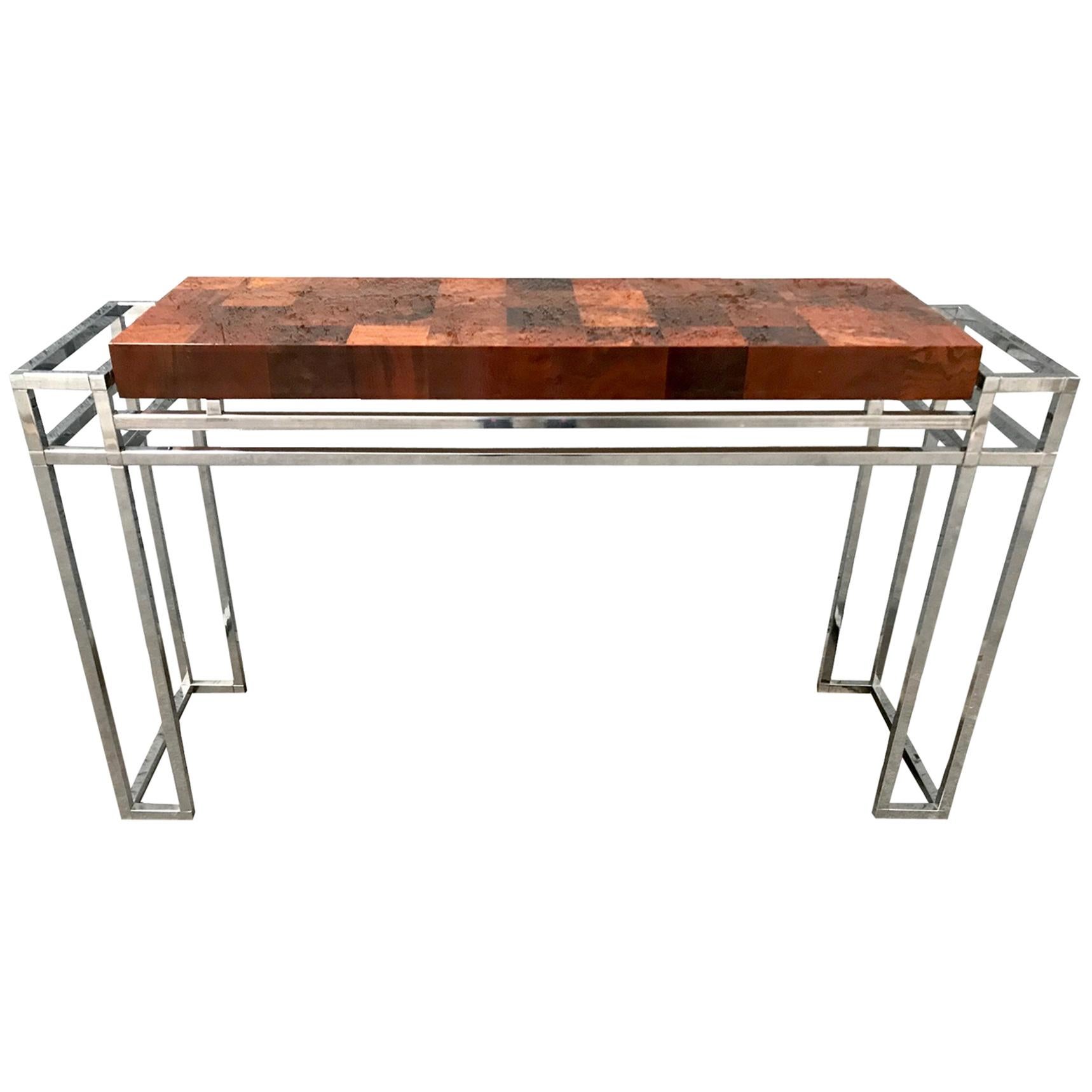 Console Table Wood Inlay and Chrome, in the Style of Willy Rizzo, 1970 For Sale
