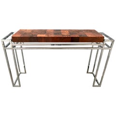 Console Table Wood Inlay and Chrome, in the Style of Willy Rizzo, 1970