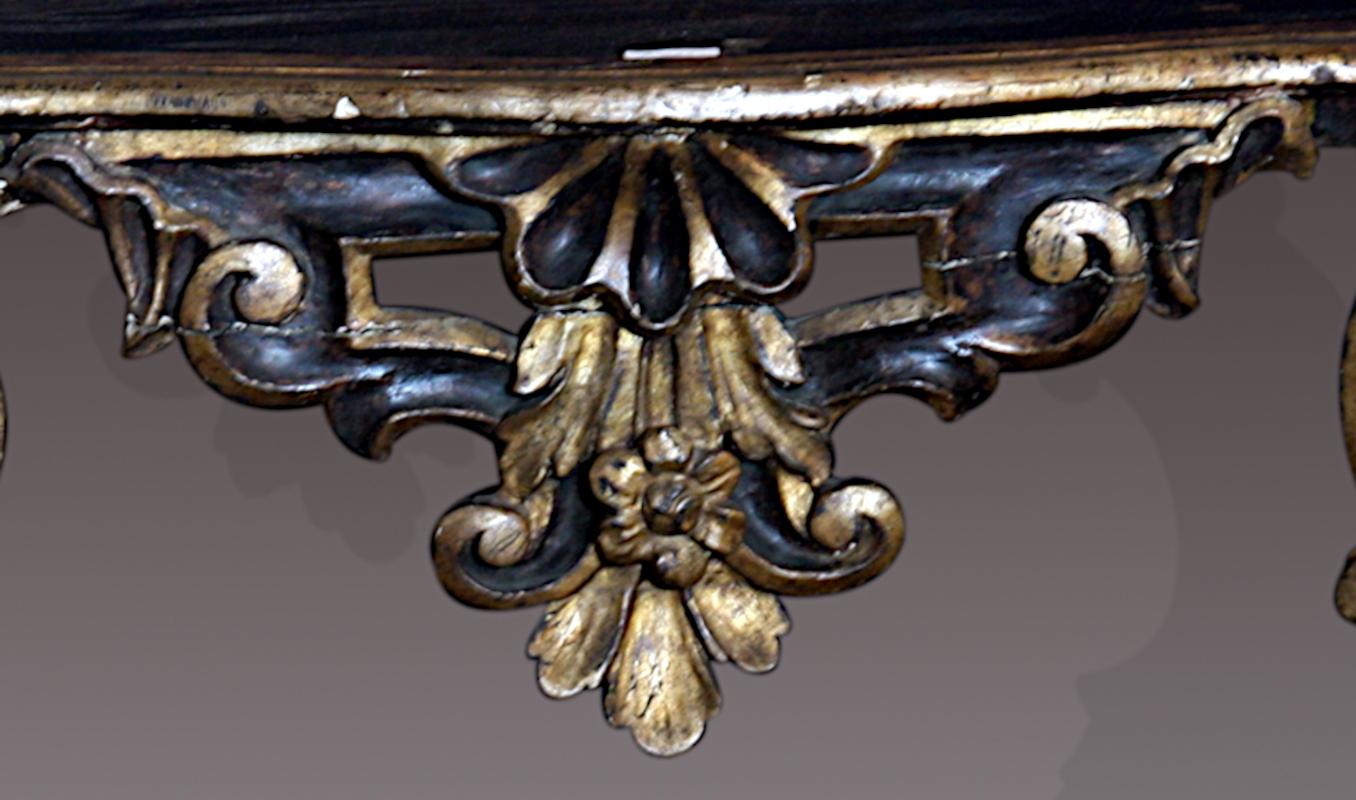 Lacquered and gilded console tables, Louis XIV period.
In first “patina”.
Period: early 1700's

The presence of this type of furniture, destined to support ornamental objects (pendulums, bronzes, porcelain) and held against the wall, was