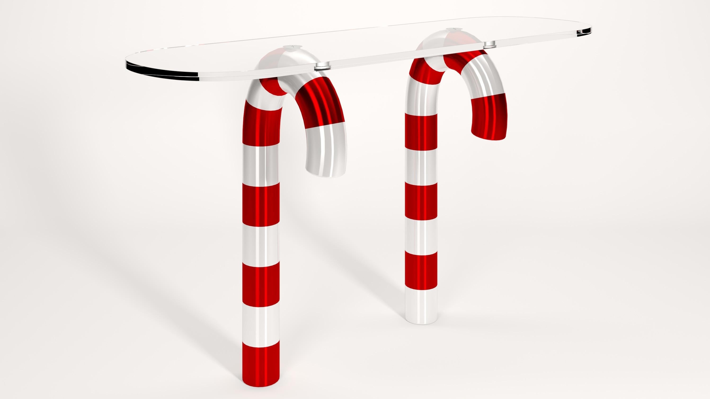 Console tables Giò Candy Cane model from Candy Collection designed by Studio Superego with the collaboration of Concetta Lorenzo for Superego Editions, in 2021.
The legs of the console are in lacquered steel and the top is in plexiglas.
Collection