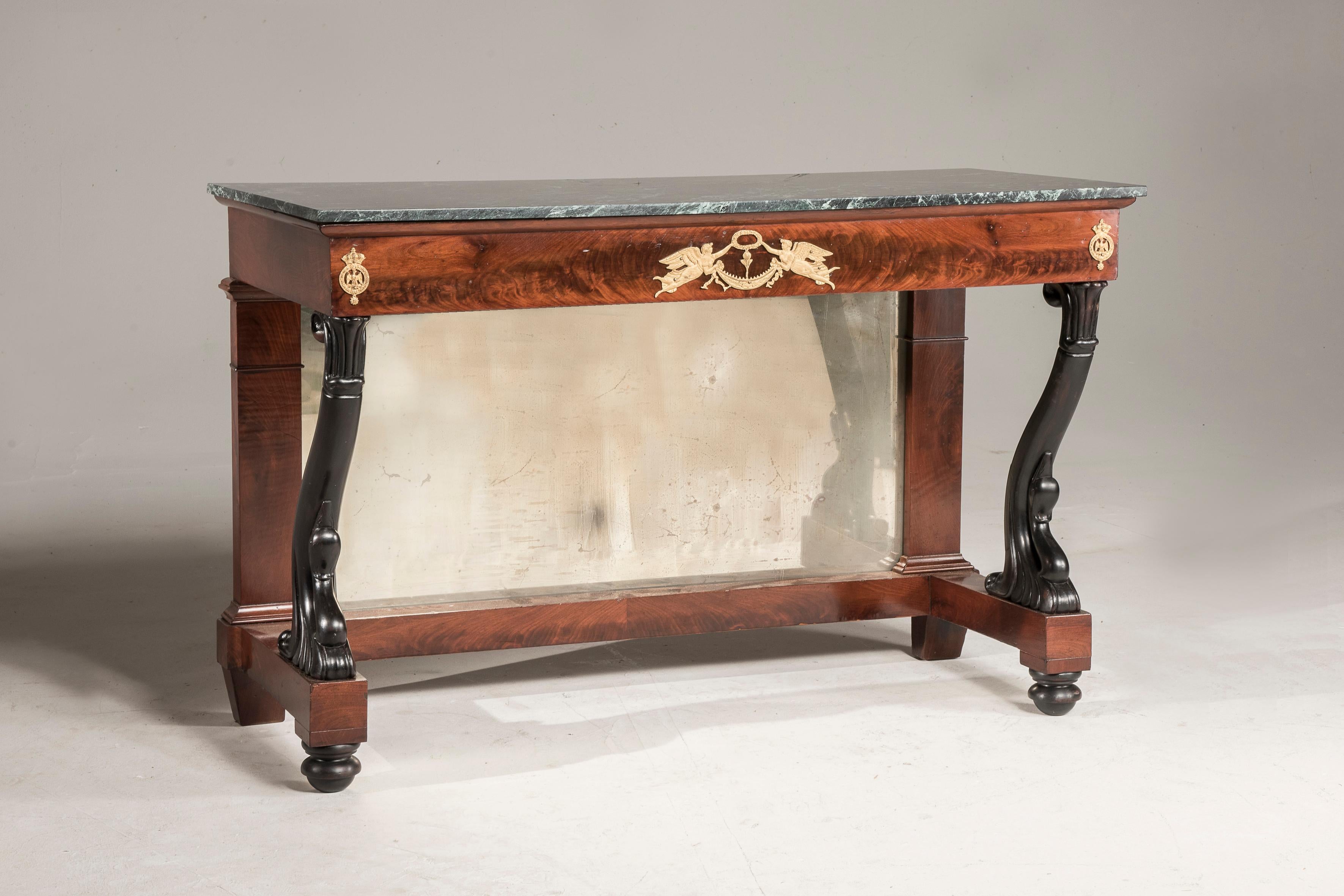 European Mahogany and Bronzes Empire Console Table with Marble Top Antique Mirror back For Sale