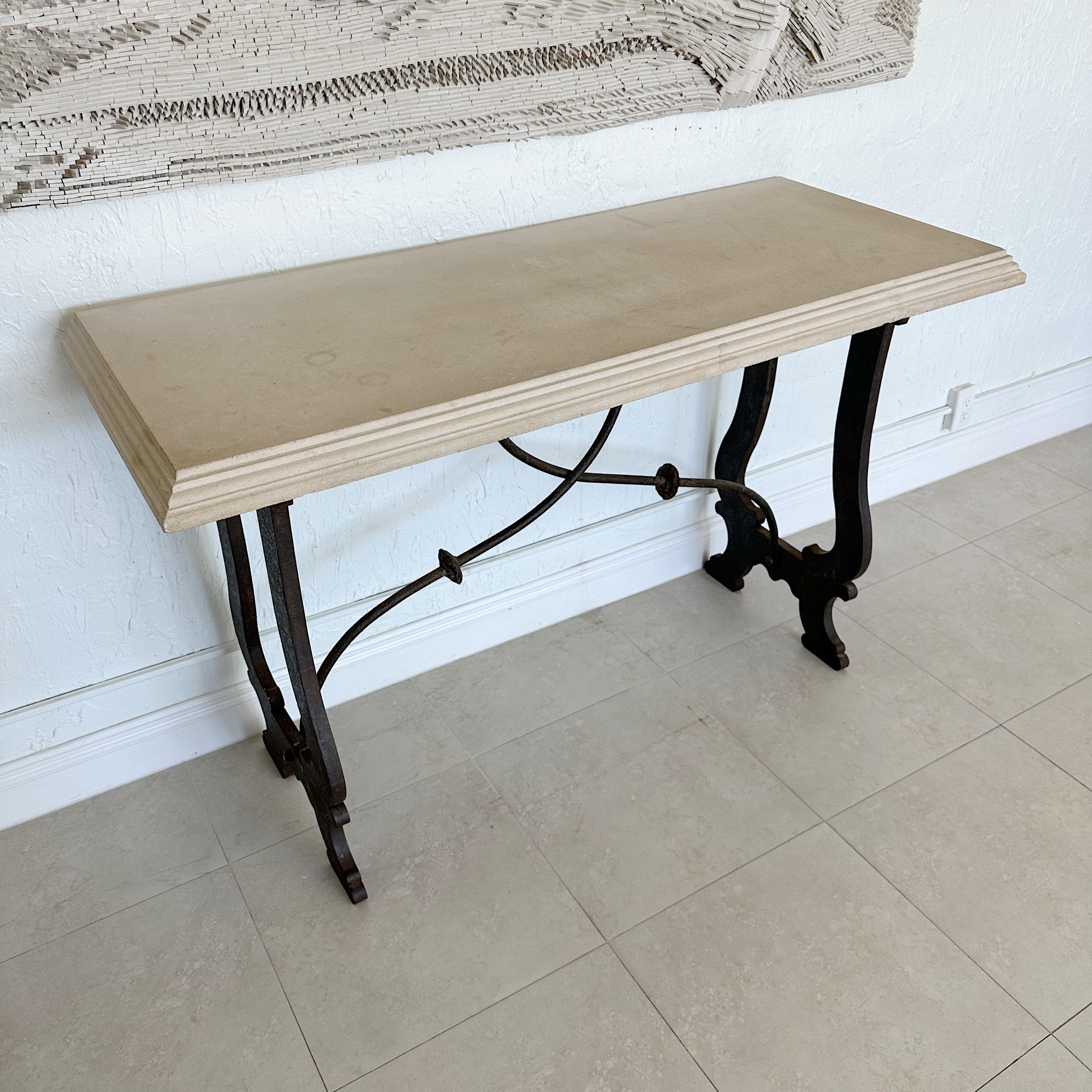 Console Tables with Stone Tops and Iron Bases in 18th Century Style, 1980s In Good Condition In West Palm Beach, FL