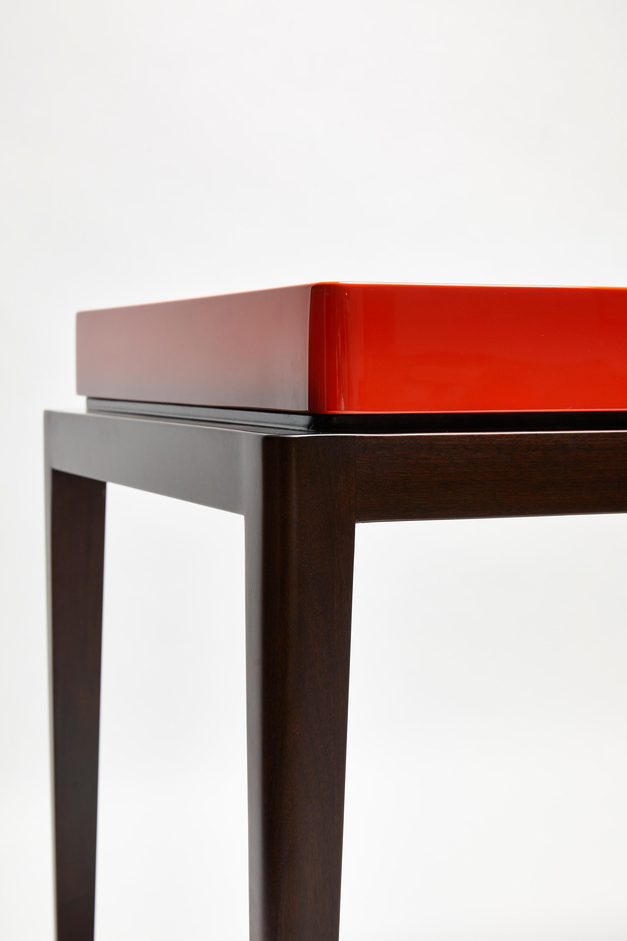 Minimalist Console, TARA by Reda Amalou, 2020, Orange Lacquer Top, Walnut, 140cm For Sale
