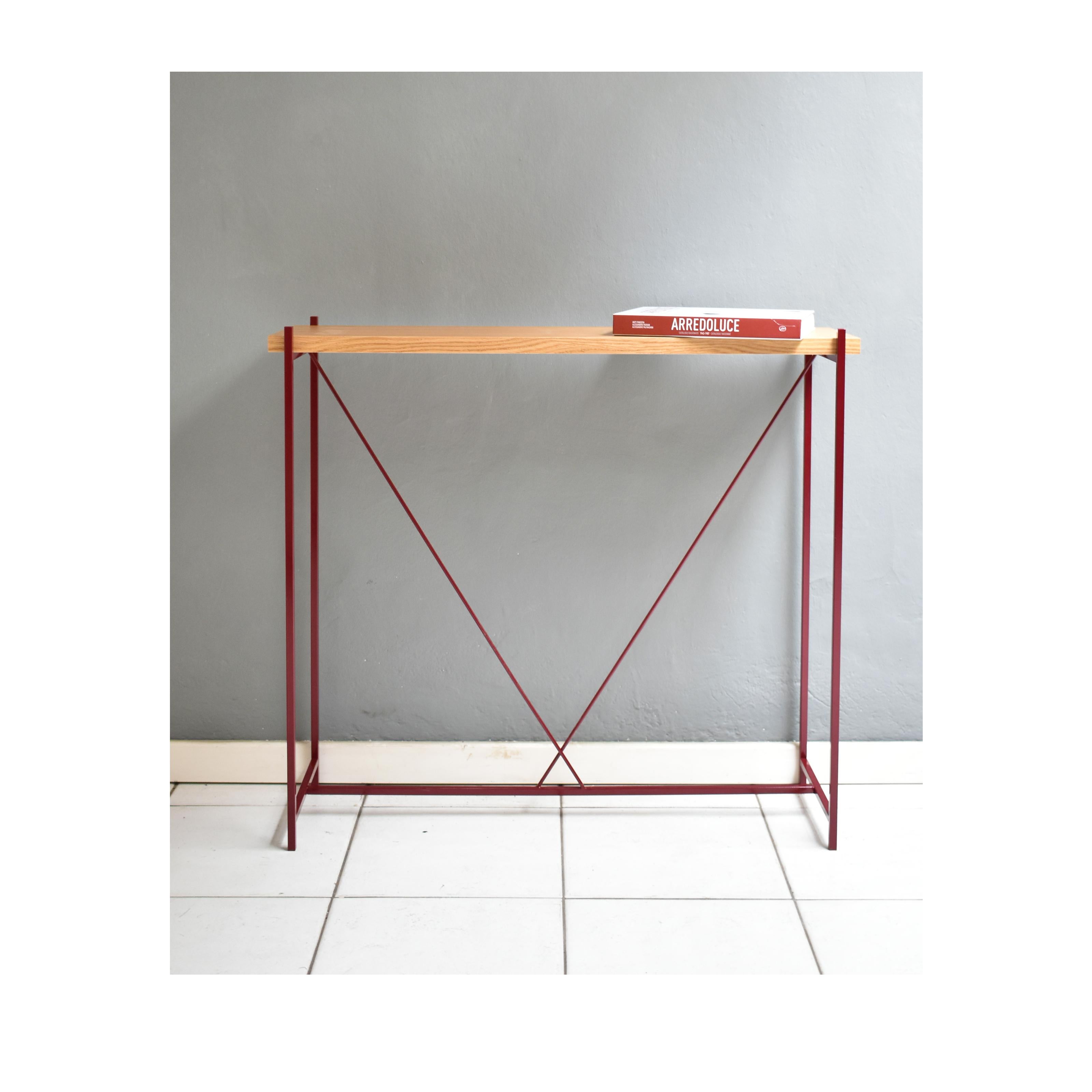 Italian Console 'Tekno', Bordeaux Iron Structure and wood Top For Sale